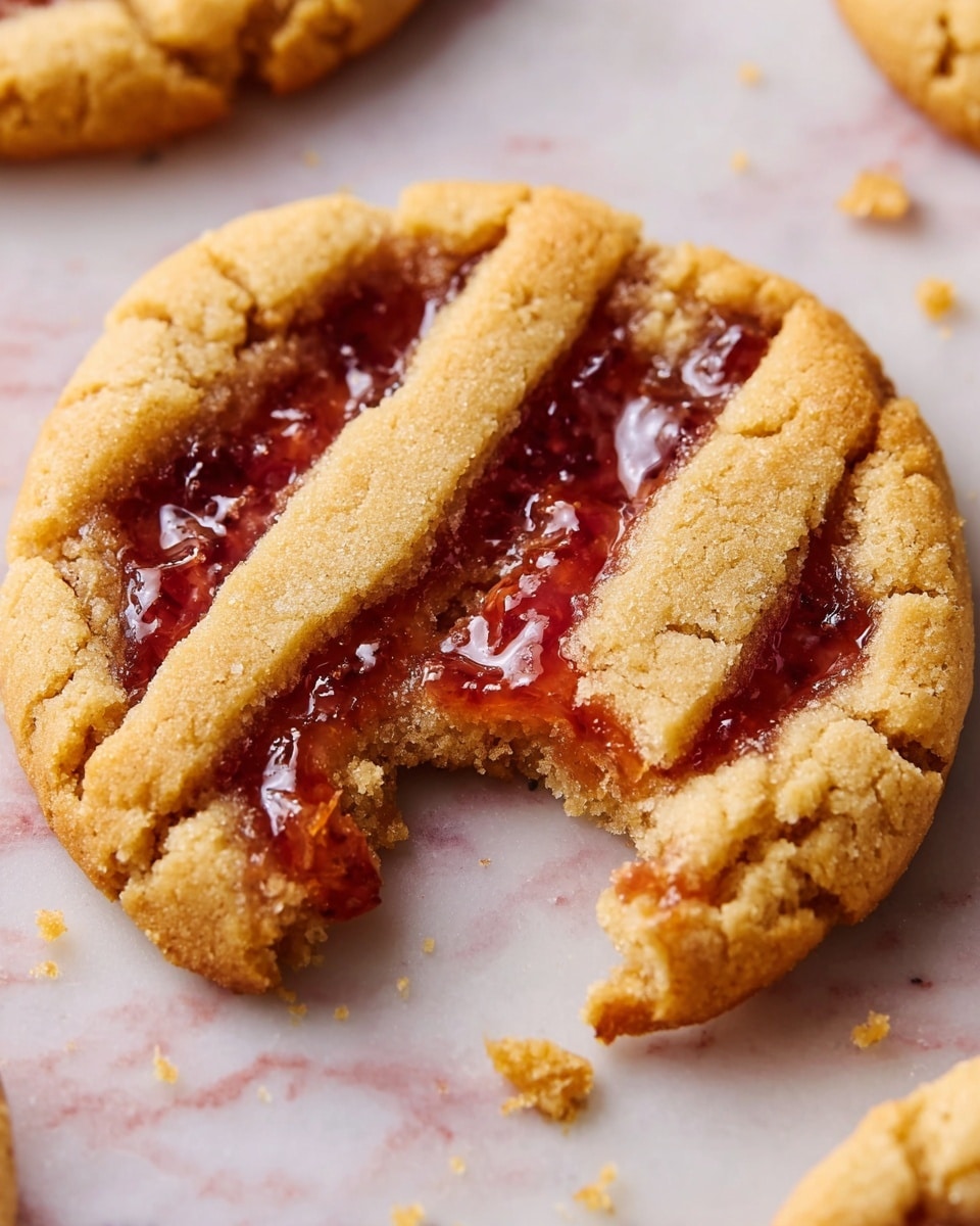 The image shows a close-up of a cookie with three layers: a soft golden-brown outer dough layer, a middle layer of glossy red jam with visible fruit pieces, and another inner dough layer that is slightly crumbly. The cookie has three thick strips of dough crossing over the jam in a lattice pattern. One side of the cookie has a bite taken out, revealing the contrasting textures of the dough and the jam inside. The cookie rests on a surface with a white marbled texture, with a few scattered crumbs around it. Photo taken with an iphone --ar 4:5 --v 7