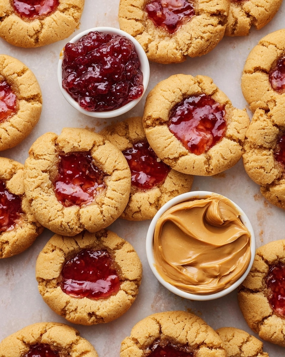 The image shows a group of round cookies with a cracked golden-brown surface and a glossy red jam filling in the center of each cookie. The cookies are spread out, overlapping each other slightly on a white marbled texture. Two small white bowls are placed among the cookies, one filled with smooth creamy peanut butter and the other with chunky red jam. The textures of the cookies look crumbly and soft, with the jam giving a shiny contrast to the matte cookie dough. Photo taken with an iphone --ar 4:5 --v 7