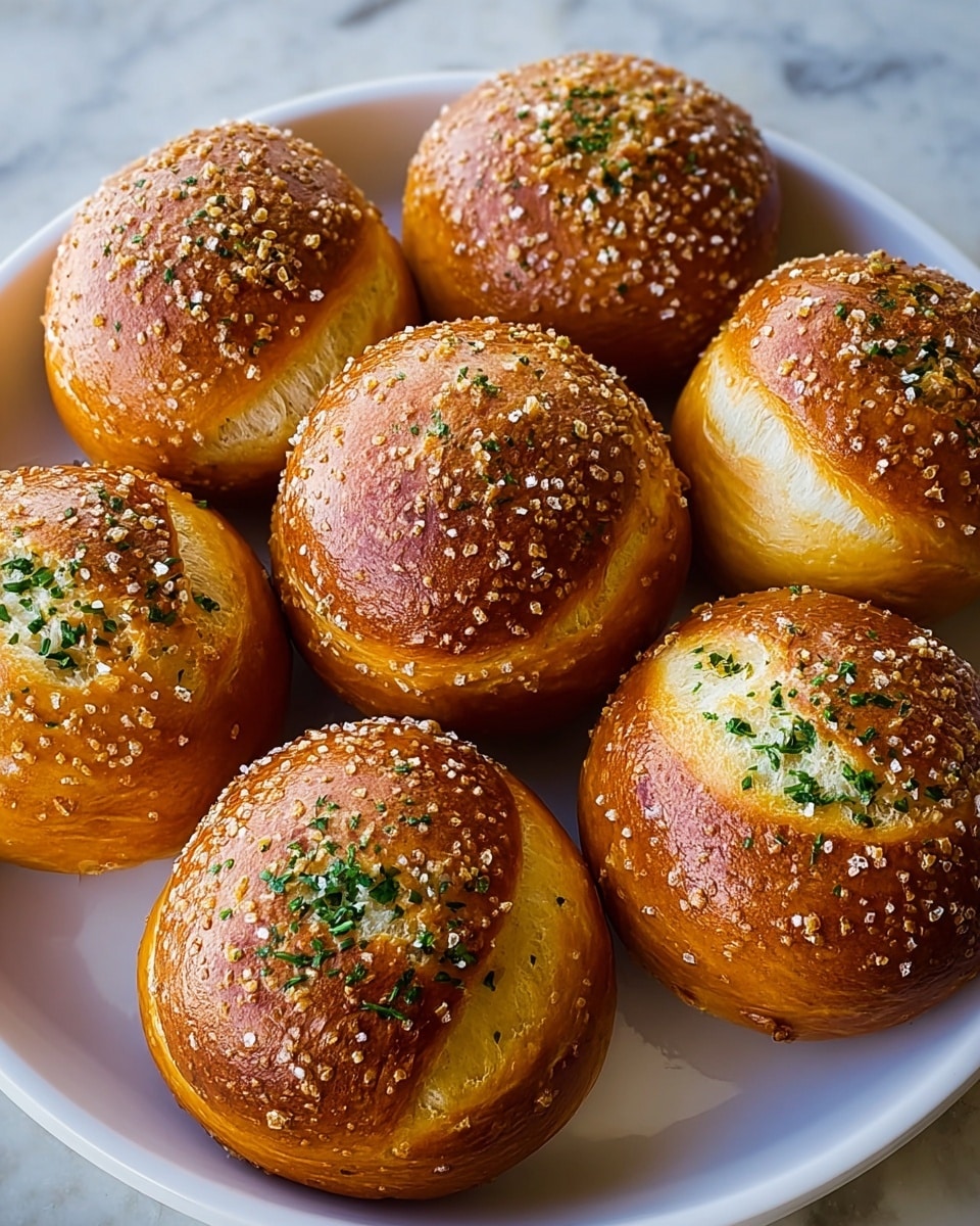 The image shows a white plate holding seven round pretzel bread rolls arranged closely in two rows with a shiny, deep golden-brown crust speckled with coarse salt. Each roll has a hollow center filled with a light buttery layer sprinkled with finely chopped green herbs, adding a fresh touch. The bread texture looks soft inside and crisp outside, with a light glaze making them look fresh and appetizing. The plate is set on a white marbled surface, enhancing the warm colors of the rolls. photo taken with an iphone --ar 4:5 --v 7