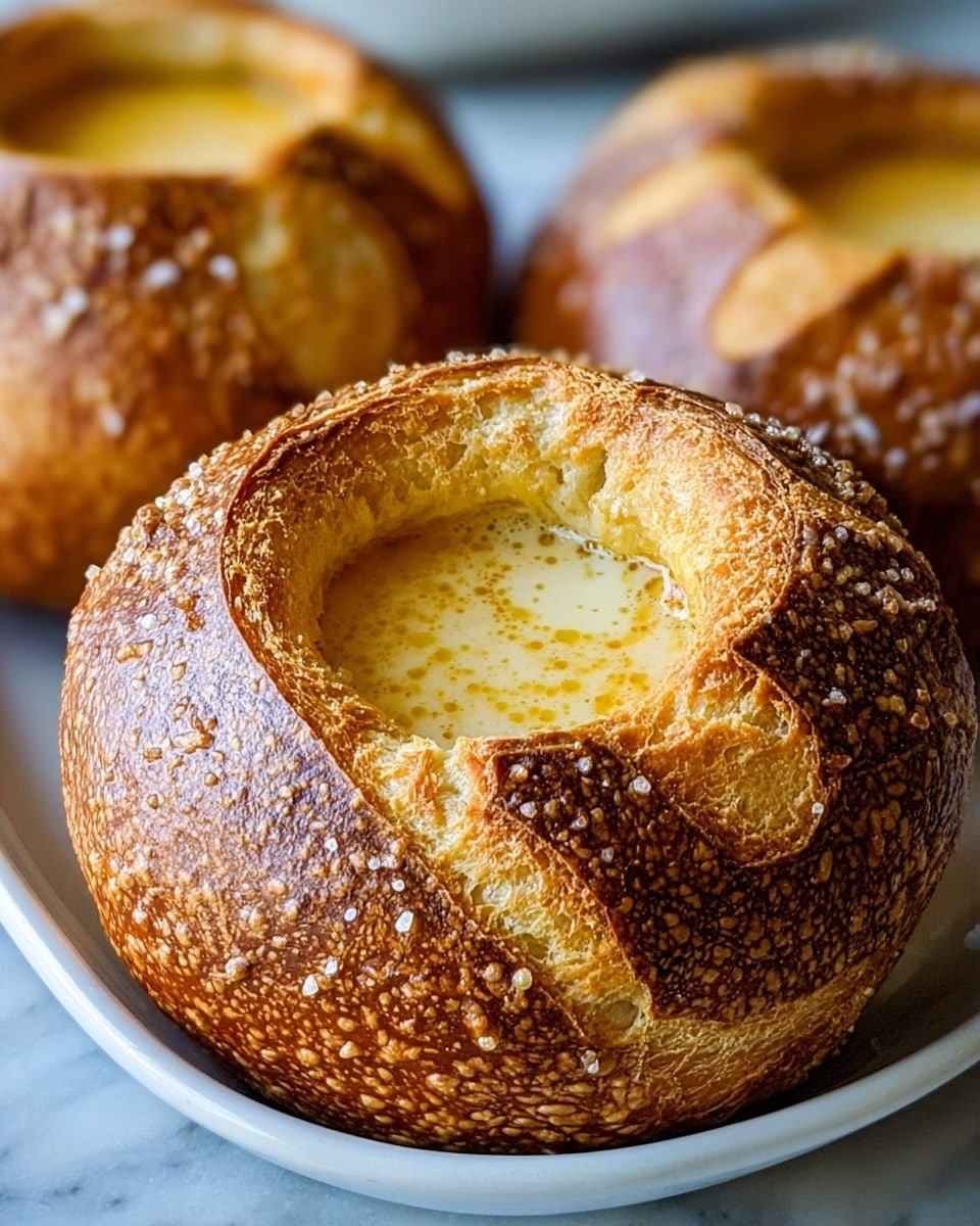 The image shows three round bread bowls with a shiny, golden brown crust dotted with coarse salt. Each bread bowl has a hollowed-out center filled with a creamy, light yellow soup or dip that has a slightly foamy texture. The crust has a mix of darker and lighter brown spots, giving it a rustic look. The bread bowls are placed closely together inside a white plate, which rests on a white marbled textured surface. The focus is on the front bread bowl, with the other two slightly blurred in the background. photo taken with an iphone --ar 4:5 --v 7