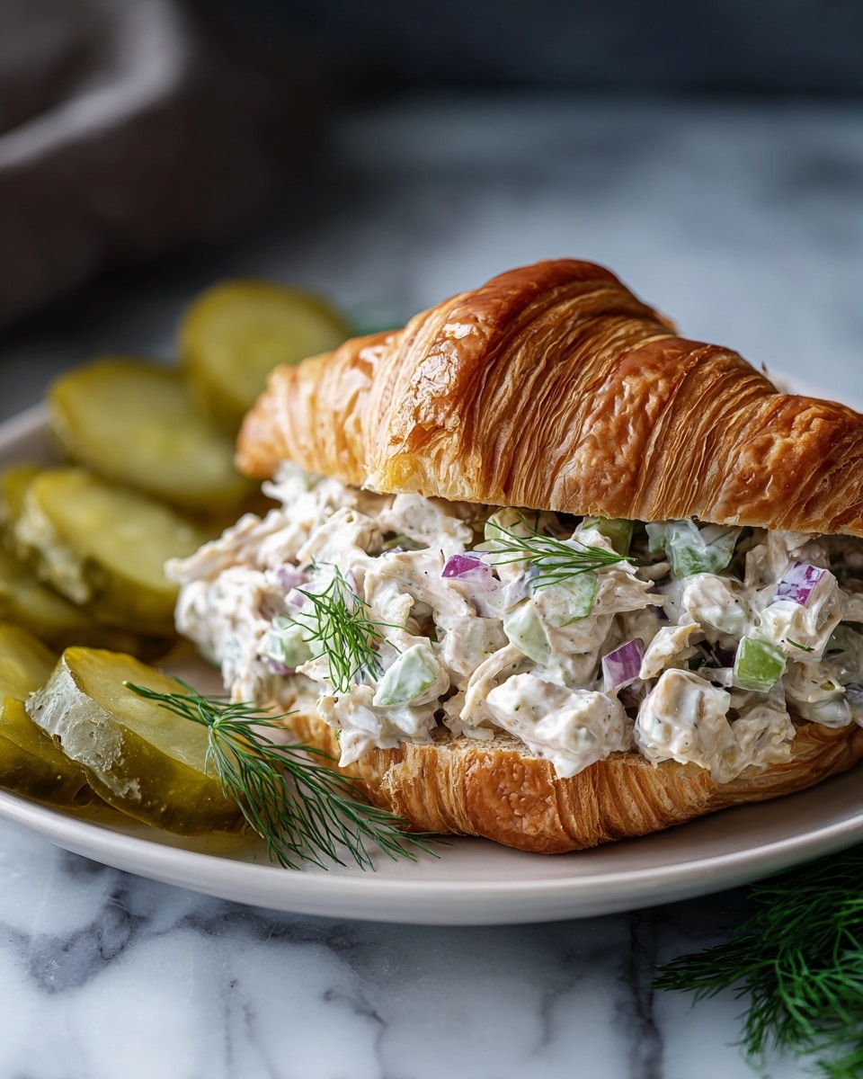 A flaky croissant sandwich is filled with a creamy chicken salad containing white chicken pieces, small green celery bits, and purple onion chunks mixed in a white dressing, topped with small sprigs of green dill; the croissant has golden brown, layered, crisp edges and is placed on a white plate beside several translucent, green pickle slices and more fresh dill on the side, all set against a white marbled surface. photo taken with an iphone --ar 4:5 --v 7