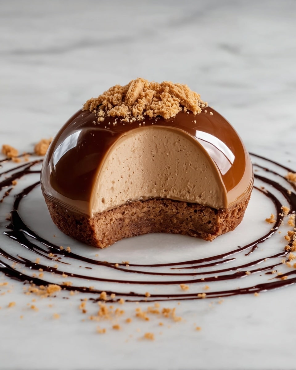 The image shows a dome-shaped dessert with three layers visible from a cross-section. The top layer is a shiny, smooth caramel-colored glaze, reflective and glossy. The middle layer beneath is a light brown mousse with a soft, airy texture. The bottom layer is a darker brown, crumbly biscuit base. Around the dessert, there is a circle of dark chocolate sauce and scattered biscuit crumbs on a white marbled surface. Photo taken with an iphone --ar 4:5 --v 7