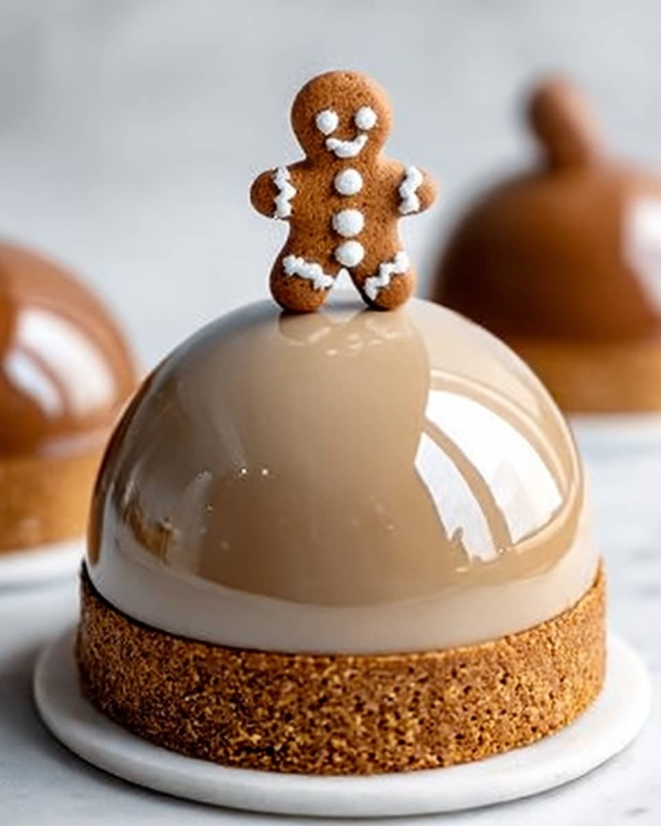 The image shows a shiny, smooth dome-shaped cake with a light brown glaze on the top half and a slightly darker brown glaze on the bottom half, sitting on a thick, crumbly, light golden crust base. On top of the dome is a small gingerbread man cookie with white icing details, standing upright. The dome reflects light clearly, showing a glossy and perfect surface. The desserts are placed on a white plate over a white marbled background, creating a clean and elegant look. Photo taken with an iphone --ar 4:5 --v 7