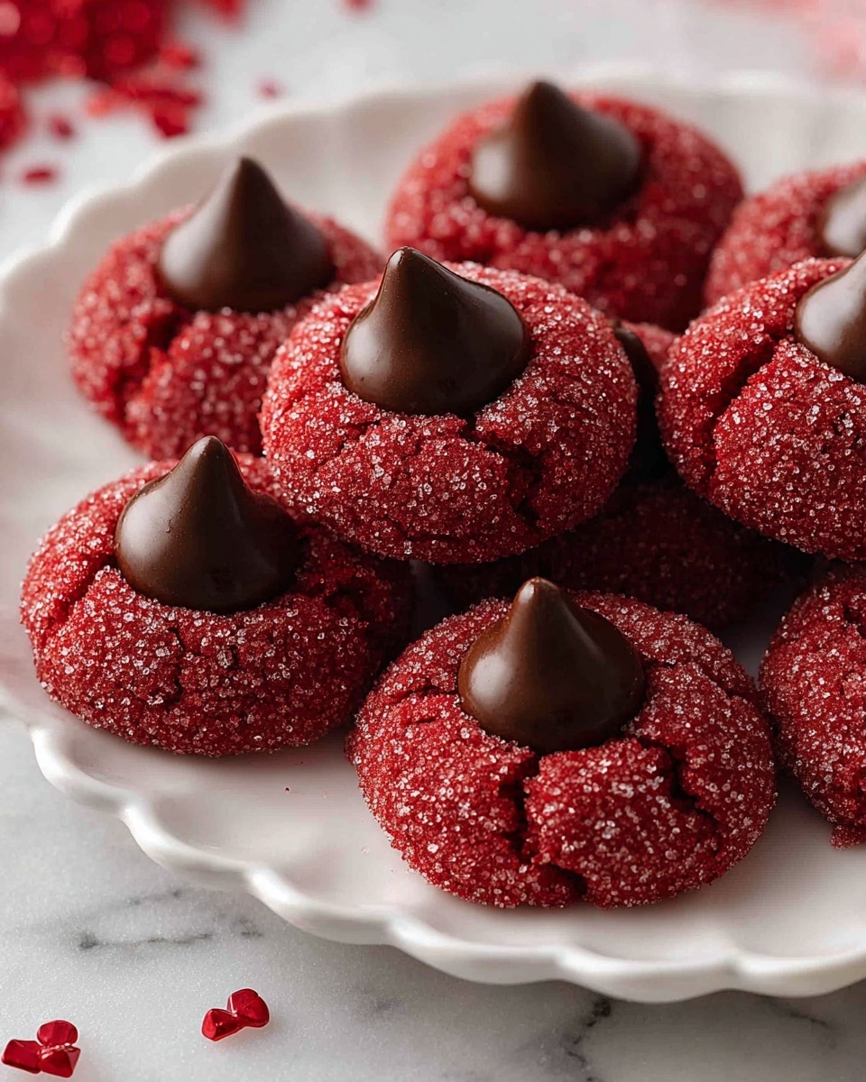 A group of round cookies with a deep red color and sugar-coated texture forms the base layer. Each cookie has a small, smooth, shiny dark brown chocolate kiss placed in the center, creating a second layer. The cookies are arranged closely together on a white scalloped plate, which sits on a white marbled surface scattered with a few small red sugar crystals. The image is focused on the top and side views of the cookies, showing their soft, slightly cracked texture. photo taken with an iphone --ar 4:5 --v 7