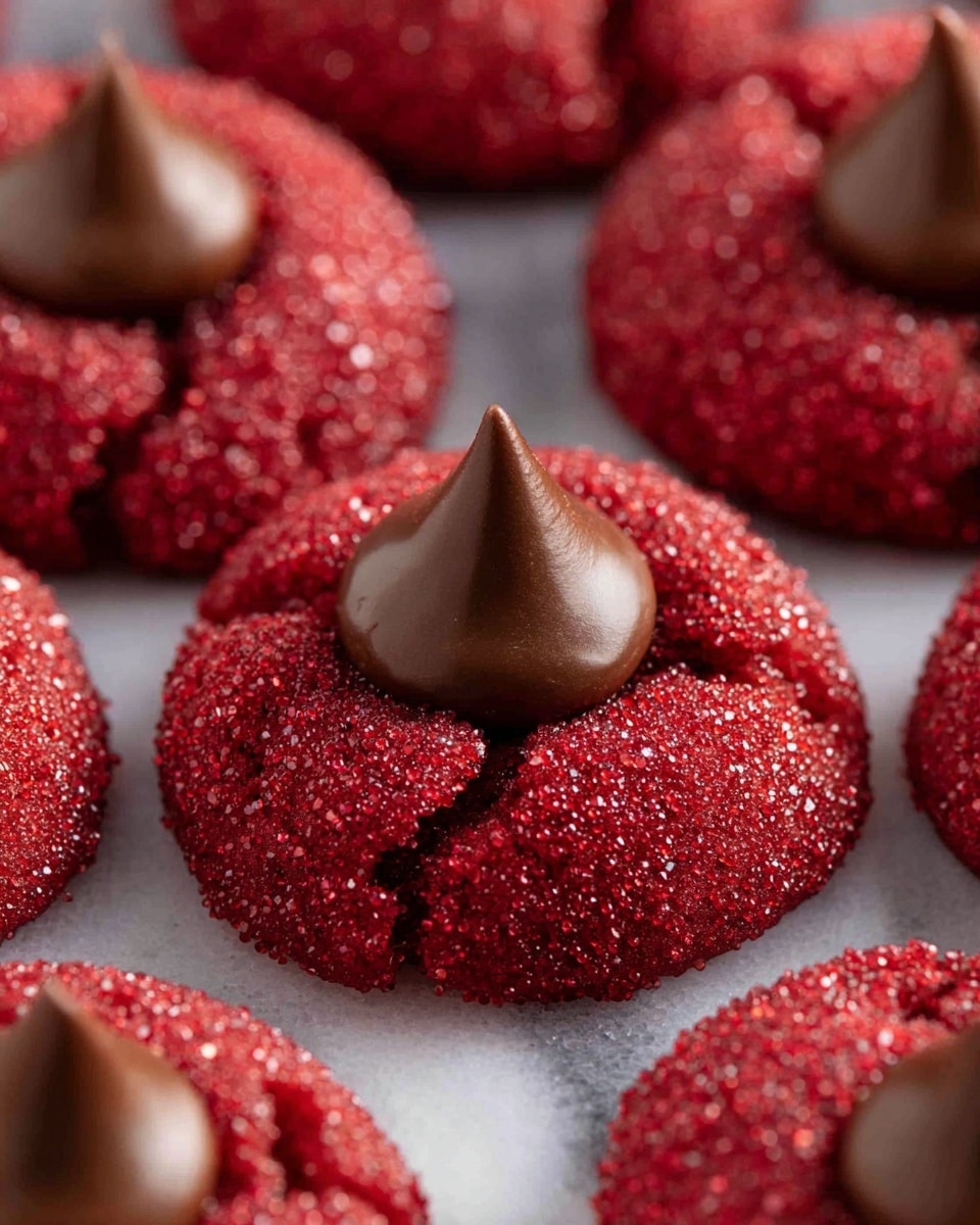 The image shows several red thumbprint cookies arranged closely together on a white marbled surface. Each cookie has one layer of deep red dough coated with sparkling sugar crystals that add texture and shine. In the center of each cookie, there is a smooth chocolate kiss, shaped like a small peak, with a glossy, rich brown color, slightly melting into the cookie base. The cookies have small cracks on their surface, showing a soft interior under the sugar coating. The photo is focused on the front cookies, making the background slightly blurred. photo taken with an iphone --ar 4:5 --v 7