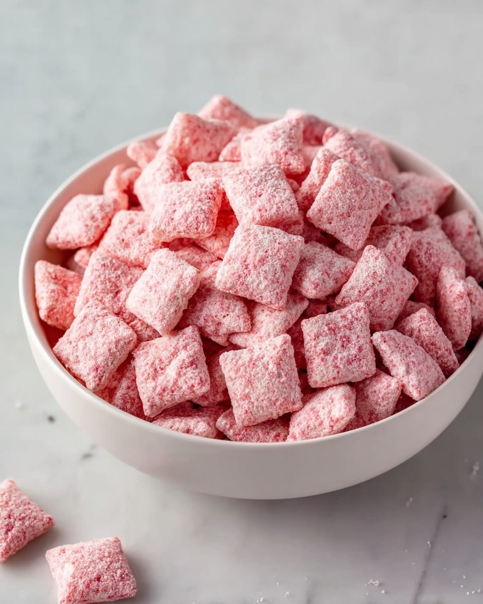 A white bowl filled with many small square-shaped cereal pieces, all in a soft pink color with a powdery coating that gives them a slightly rough texture; the cereal squares are piled high, filling the bowl almost to the top, with one piece outside the bowl on the white marbled surface. photo taken with an iphone --ar 4:5 --v 7