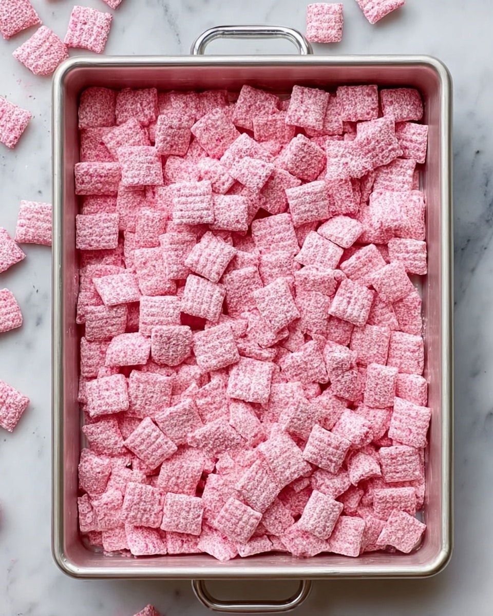A silver baking pan filled with a single thick layer of small square pink cereal pieces coated in a powdery pink mixture, covering the entire pan surface evenly. The squares have a textured, grid-like pattern and appear soft and slightly sticky. The pan is placed on a white marbled surface with some extra pieces scattered around its edges. Photo taken with an iphone --ar 4:5 --v 7