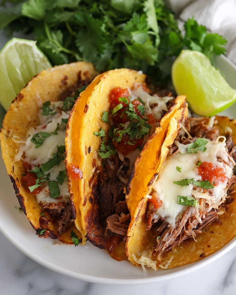 Three tacos are arranged side by side on a white plate set on a white marbled surface. Each taco has a golden-yellow crispy shell with some toasted darker spots. Inside, shredded brown meat fills the bottom layer, topped by melted white cheese that partially spills over the edges. Small patches of red salsa and fresh green chopped cilantro rest on the cheese and meat. To the side, two lime wedges with bright green skin and light green juicy flesh add a fresh touch. The background features a bunch of green leafy cilantro for garnish. Photo taken with an iphone --ar 4:5 --v 7