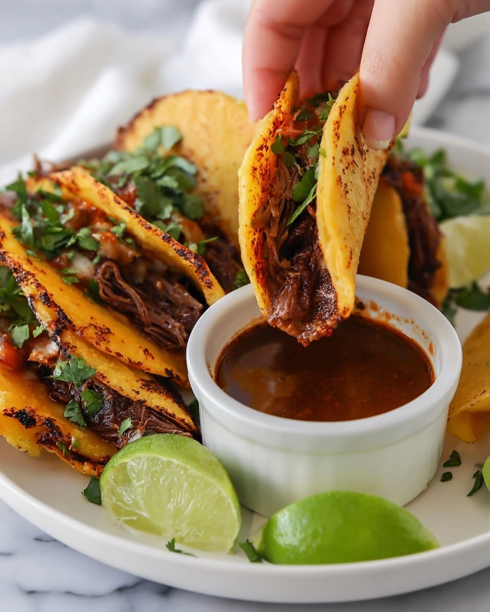 A white plate holds four small tacos with golden-brown, slightly crispy shells showing some charred spots. Inside each taco, there are layers of dark brown shredded meat, red salsa, and bright green fresh cilantro leaves. On one side of the plate, there are three bright green lime wedges. A small white cup filled with dark reddish-brown dipping sauce sits in the center of the plate. A woman's hand is dipping one crispy taco halfway into the sauce, showing the filling and fresh cilantro inside. The whole scene is set against a white marbled texture. photo taken with an iphone --ar 4:5 --v 7