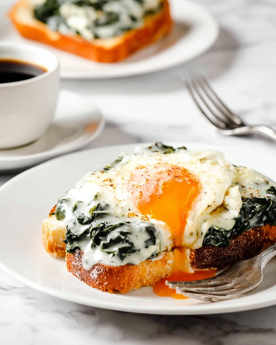 A white plate holds a toasted slice of bread as the base layer, golden brown and slightly crisp. On top, there is a creamy spinach layer with dark green wilted leaves covered in a white sauce. The final layer is a fried egg with a bright orange yolk that is breaking open and oozing down the sides, adding a rich texture. In the background, another toasted slice of bread sits on a white plate, and a white cup of black coffee with a saucer is partly visible. The scene is set on a white marbled surface with a fork resting near the main dish. Photo taken with an iphone --ar 4:5 --v 7