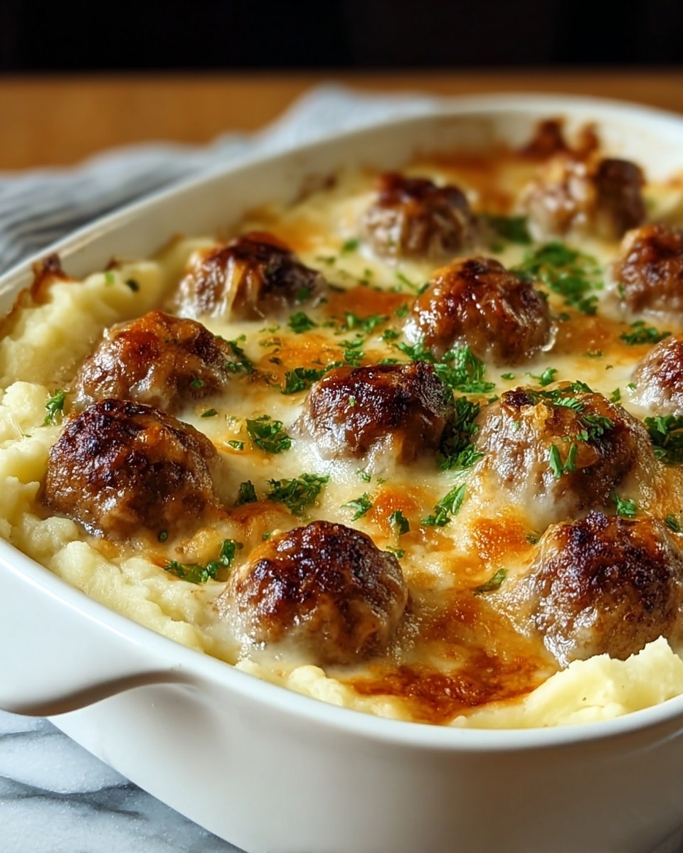 A white baking dish filled with a layered dish starting with a bottom layer of creamy, smooth mashed potatoes in a pale yellow color. Above this is a layer of several round, browned meatballs that are placed evenly across the top. The meatballs are covered with a melted golden-brown cheese layer that has slightly bubbly, crispy edges and is sprinkled with small green herb pieces on top. The dish sits on a white marbled surface with a blurred dark background. photo taken with an iphone --ar 4:5 --v 7
