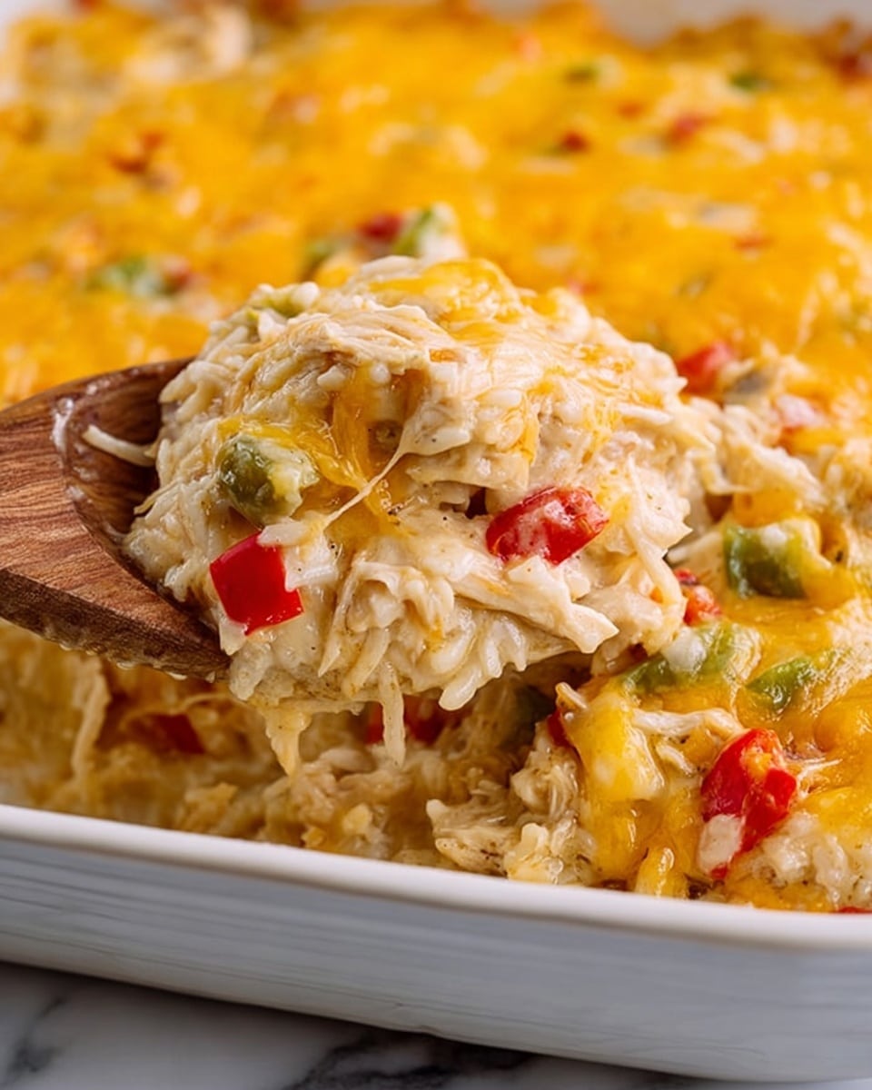 This close-up image shows a cheesy casserole being scooped from a white dish with a wooden spoon. The dish has three layers: the base is coated in melted cheese with a smooth, golden yellow texture, the middle layer is filled with shredded chicken mixed with cooked rice, small red and green bell pepper pieces, and melted cheese, giving a mix of white, yellow, red, and green colors with a soft, stringy texture, and the top layer is a thick blanket of melted cheese, creamy in color with melted spots of deeper yellow. The white marbled surface underneath adds brightness to the scene. Photo taken with an iphone --ar 4:5 --v 7