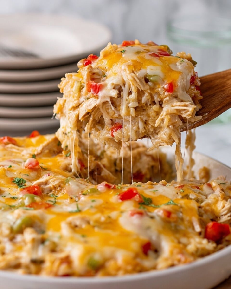 A close-up of a cheesy casserole being lifted by a wooden spoon, showing stretchy melted cheese pulling away from the dish; the casserole has multiple layers including shredded chicken, rice, small chunks of red and green bell peppers, and a mix of melted yellow and white cheese on top, all sitting in a round white plate on a white marbled surface, with a blurred stack of plates and a glass in the background; photo taken with an iphone --ar 4:5 --v 7