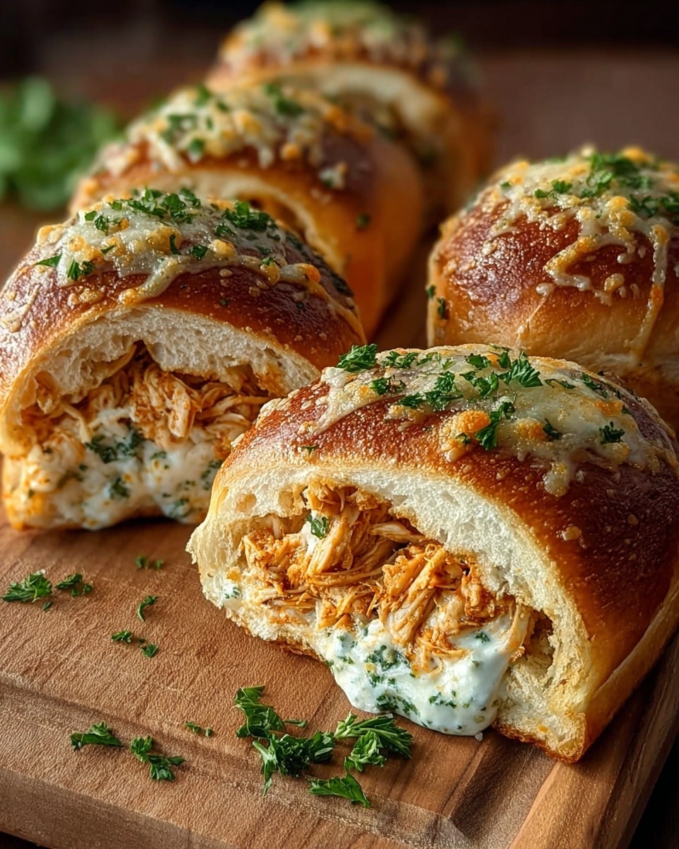Four bread rolls sit on a wooden serving board, each with a golden brown crust topped with melted cheese and green parsley bits. The rolls are sliced open to show two main filling layers: a shredded, orange-colored chicken layer beneath and a thick, creamy white cheese layer with green herbs inside. The bread looks soft and slightly airy with a light crust. Some parsley leaves are scattered around the board for decoration. Photo taken with an iphone --ar 4:5 --v 7