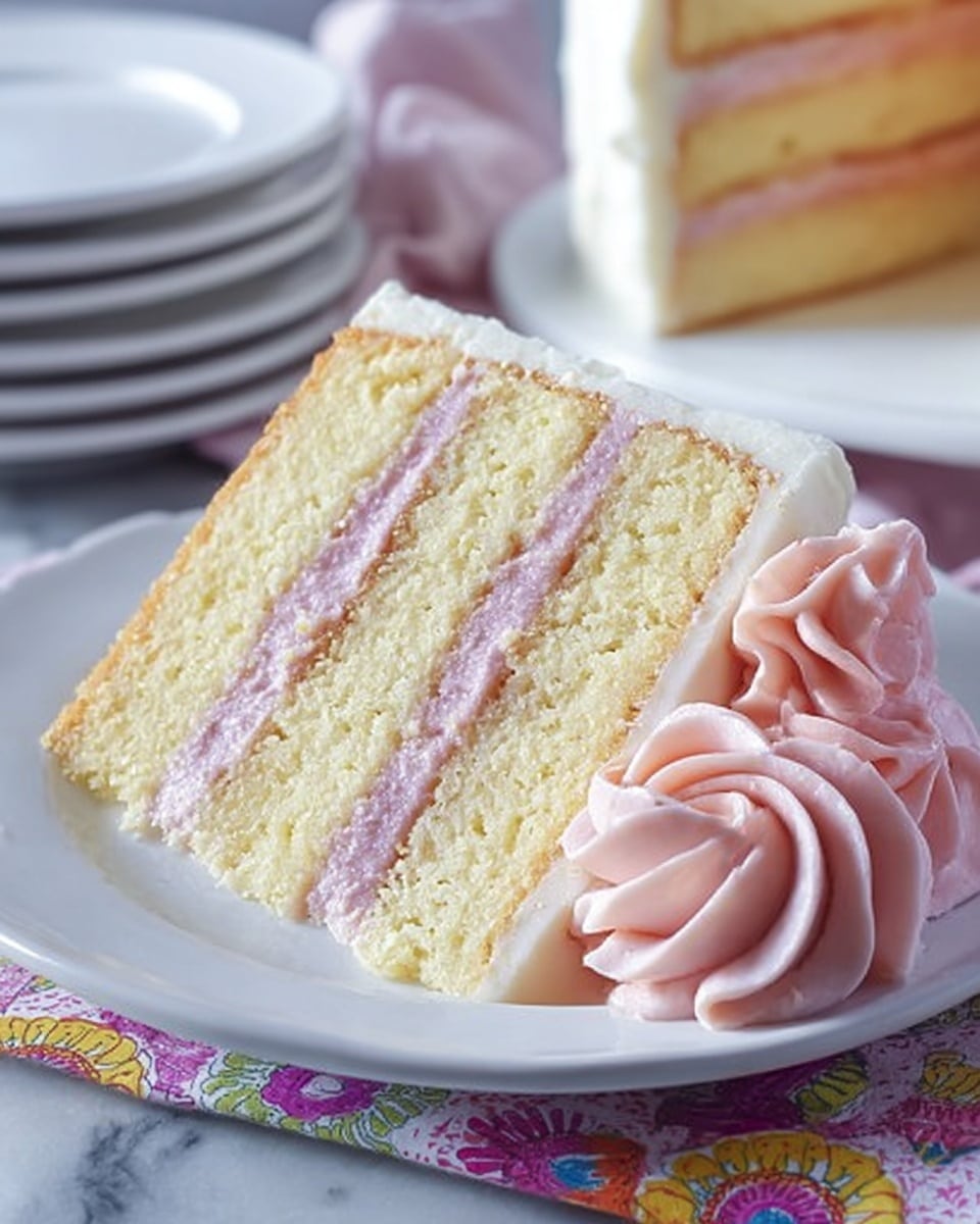 A round, tall cake with smooth white frosting covers all sides, sitting on a silver cake board with a thin pink piped border at the base. About half of the cake's side is decorated with a thick patch of small, shiny silver sprinkles, which spread lightly over the top edge. On top, there are four tall, pink swirled frosting rosettes placed close together near the center. The cake is on a fancy silver tray on a white marbled surface, with stacked white plates, a woman’s hand holding a fork napkin, two empty clear champagne glasses, and a bottle of champagne in the background. Photo taken with an iphone --ar 4:5 --v 7