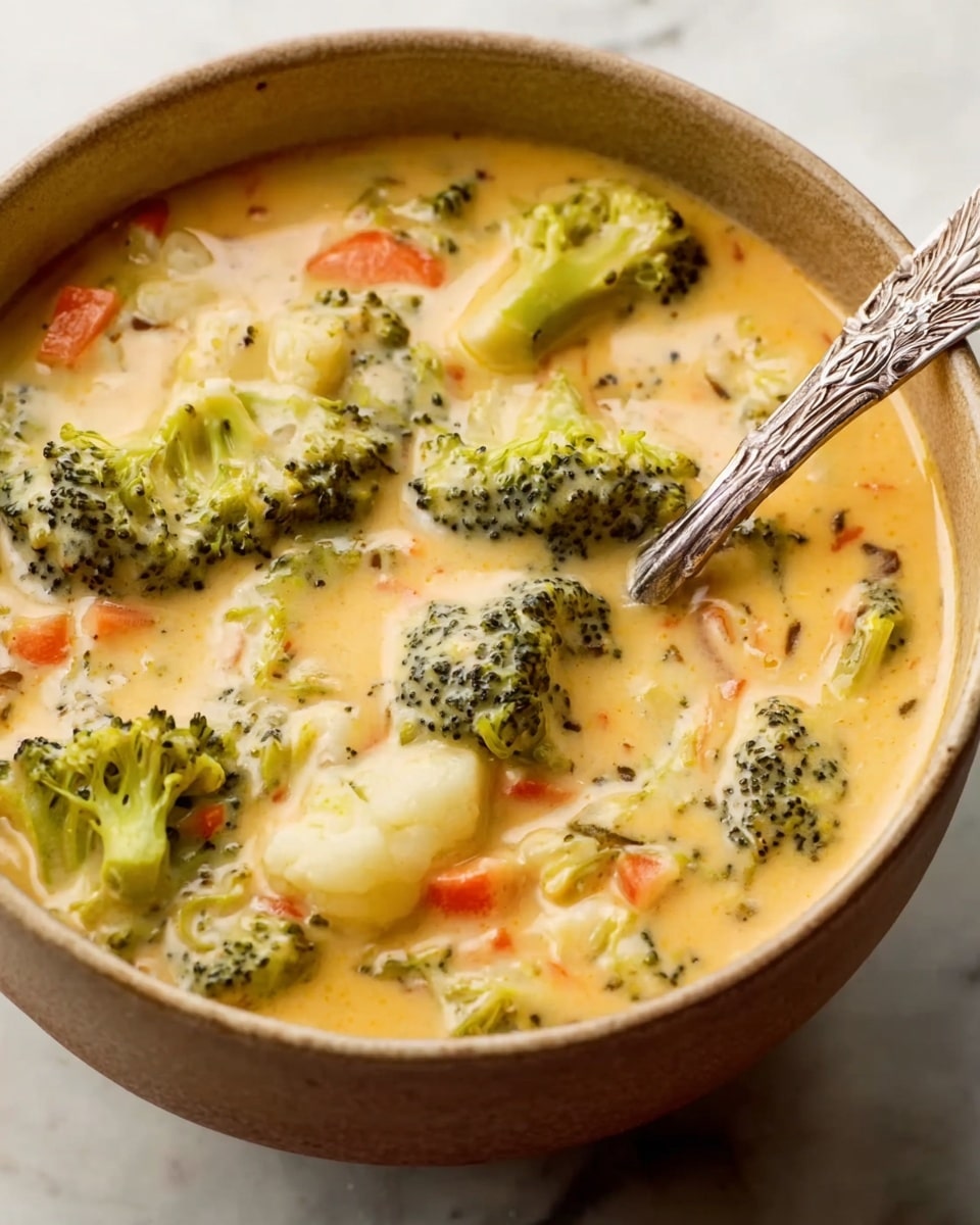 A beige bowl filled with creamy soup showing chunks of bright green broccoli, small pieces of orange carrot, and bits of white cauliflower all mixed well in the thick yellowish soup. The soup looks smooth and rich, with the vegetables softly floating near the top. A shiny ornate silver spoon is partially submerged in the soup, resting on the edge of the bowl. The bowl is set on a white marbled surface that adds a clean, bright look to the image. photo taken with an iphone --ar 4:5 --v 7