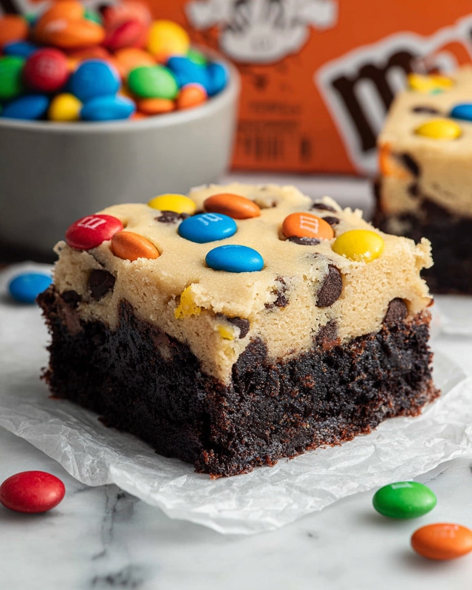 A two-layer dessert square sits on white parchment paper over a white marbled surface. The bottom layer is a dark, dense, and textured chocolate brownie with visible chocolate chunks and a slightly crumbly edge. The top layer is a thick, pale beige cookie dough studded with small chocolate chips and colorful M&M candies scattered across the top in red, yellow, blue, orange, and green. In the background, an out-of-focus gray bowl filled with more M&Ms and an orange box add contrast. Several loose M&M candies are scattered around the dessert piece. Photo taken with an iphone --ar 4:5 --v 7