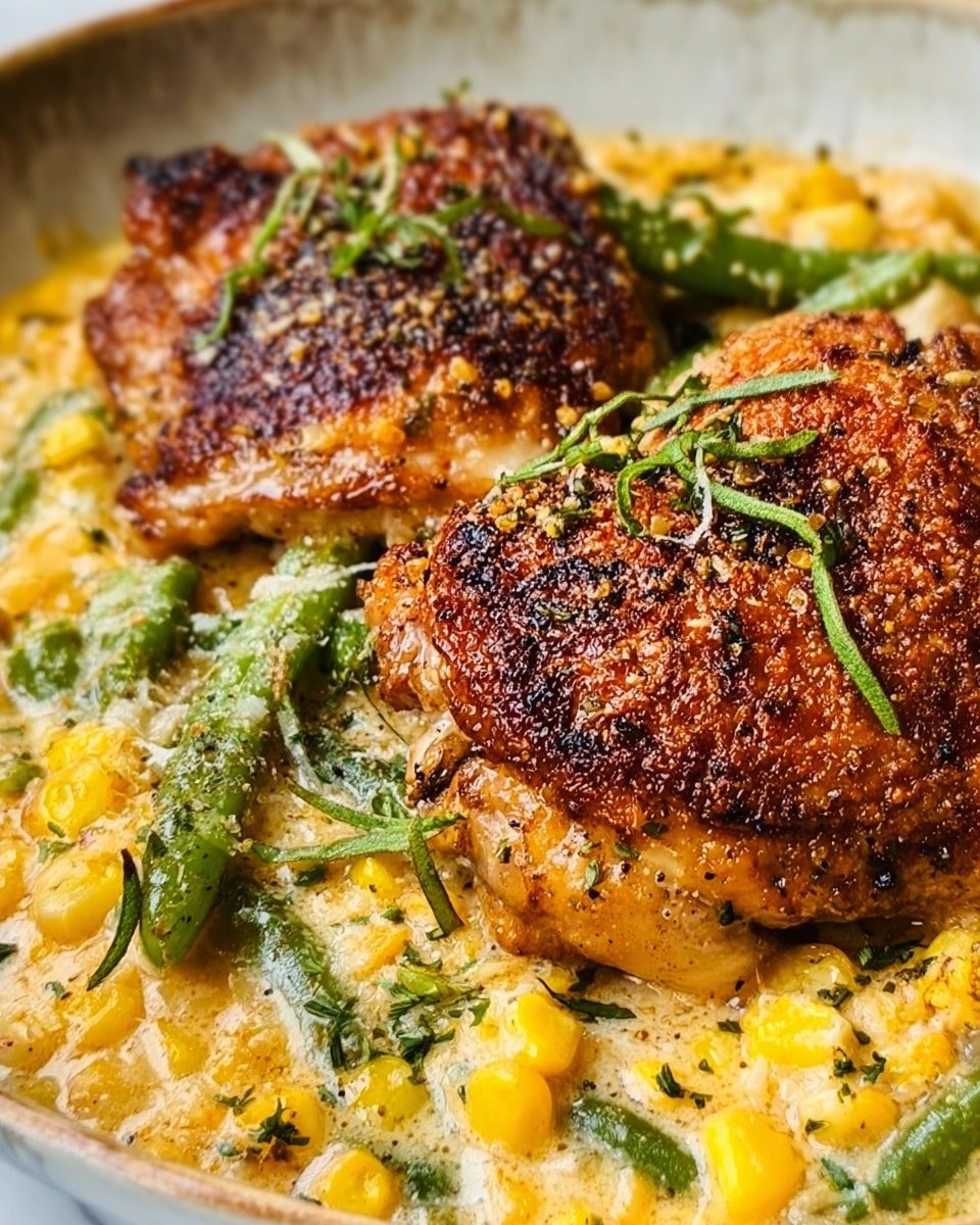 The image shows a close-up of a dish featuring two browned, crispy chicken thighs on top of a creamy bed of yellow corn mixed with green beans. The chicken has a golden-brown crust with visible black pepper and small green herb pieces sprinkled on top. The creamy corn underneath has a slightly melted cheese look with green herb bits throughout. The background is a white marbled surface. photo taken with an iphone --ar 4:5 --v 7