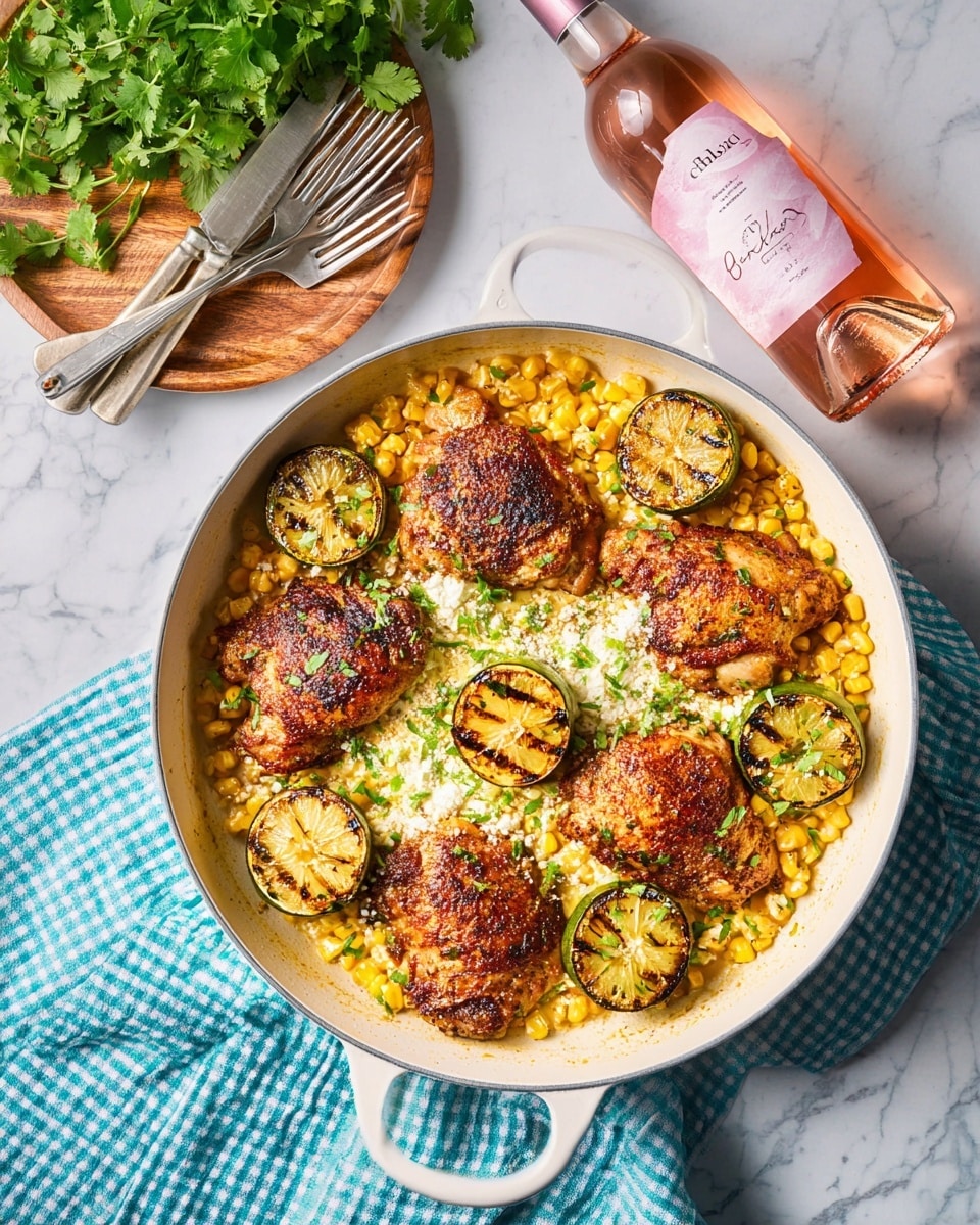 A white pan contains a colorful dish with five browned chicken pieces spread across the top. Below the chicken is a layer of cooked yellow corn mixed with slices of green jalapeño and some melted white cheese. Three grilled lime halves with brown sear marks are placed evenly in the pan. The corn and chicken bed is sprinkled with finely chopped green herbs. The pan sits on a white and blue checkered cloth over a white marbled surface. To the upper side, there is a bunch of fresh green cilantro, a wooden plate with two silver forks and knives, and a bottle of rose wine with a pink and white label. Photo taken with an iphone --ar 4:5 --v 7