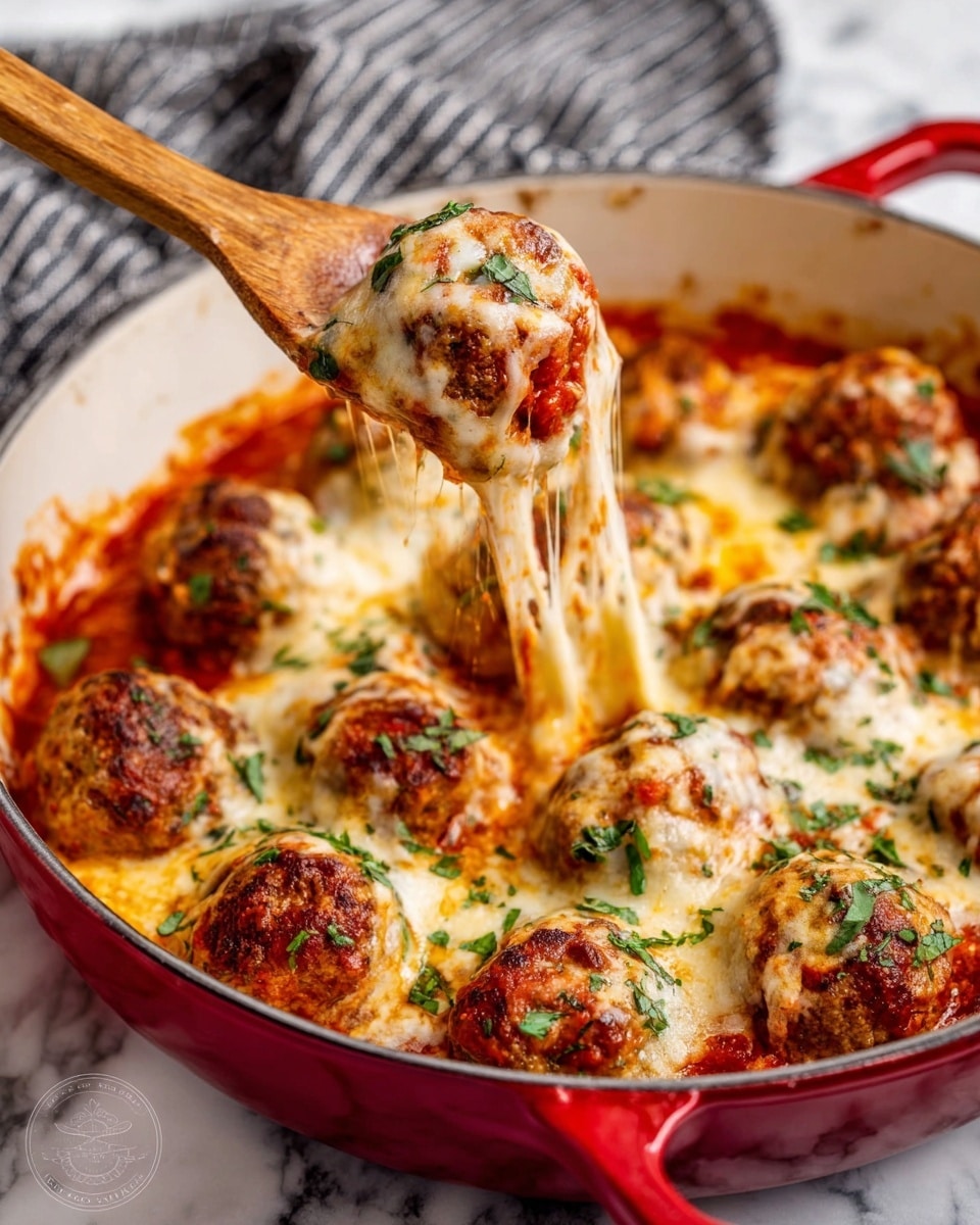 A close-up of a white cooking pot with a red handle filled with about a dozen round meatballs covered with melted mozzarella cheese and red tomato sauce. The meatballs are browned and have a slightly rough texture, topped with melted cheese that is gooey and stringy as a woman's hand lifts one meatball with a wooden spoon, pulling the cheese stretch upwards. Fresh green herbs are sprinkled over the top, adding a pop of color. The pot rests on a white marbled surface with a gray and white striped cloth in the background. photo taken with an iphone --ar 4:5 --v 7