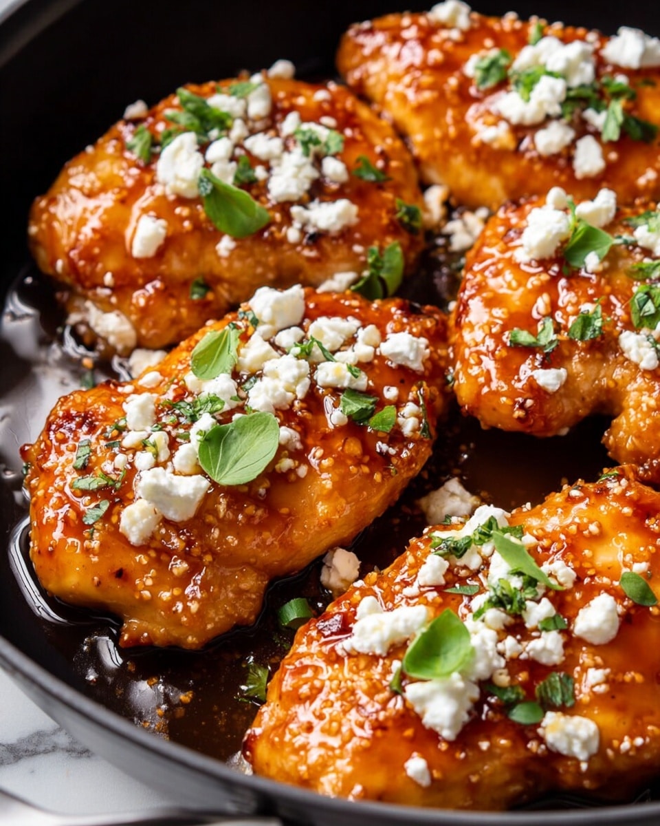 The image shows several pieces of golden-brown chicken breasts, each coated with a glossy, sticky orange-brown sauce. On top of each chicken piece, there are small white crumbled cheese bits paired with fresh green herb leaves, adding color contrast. The chicken pieces have a slightly crispy texture on the edges. The dish is served in a black pan, resting on a white marbled background. Photo taken with an iphone --ar 4:5 --v 7