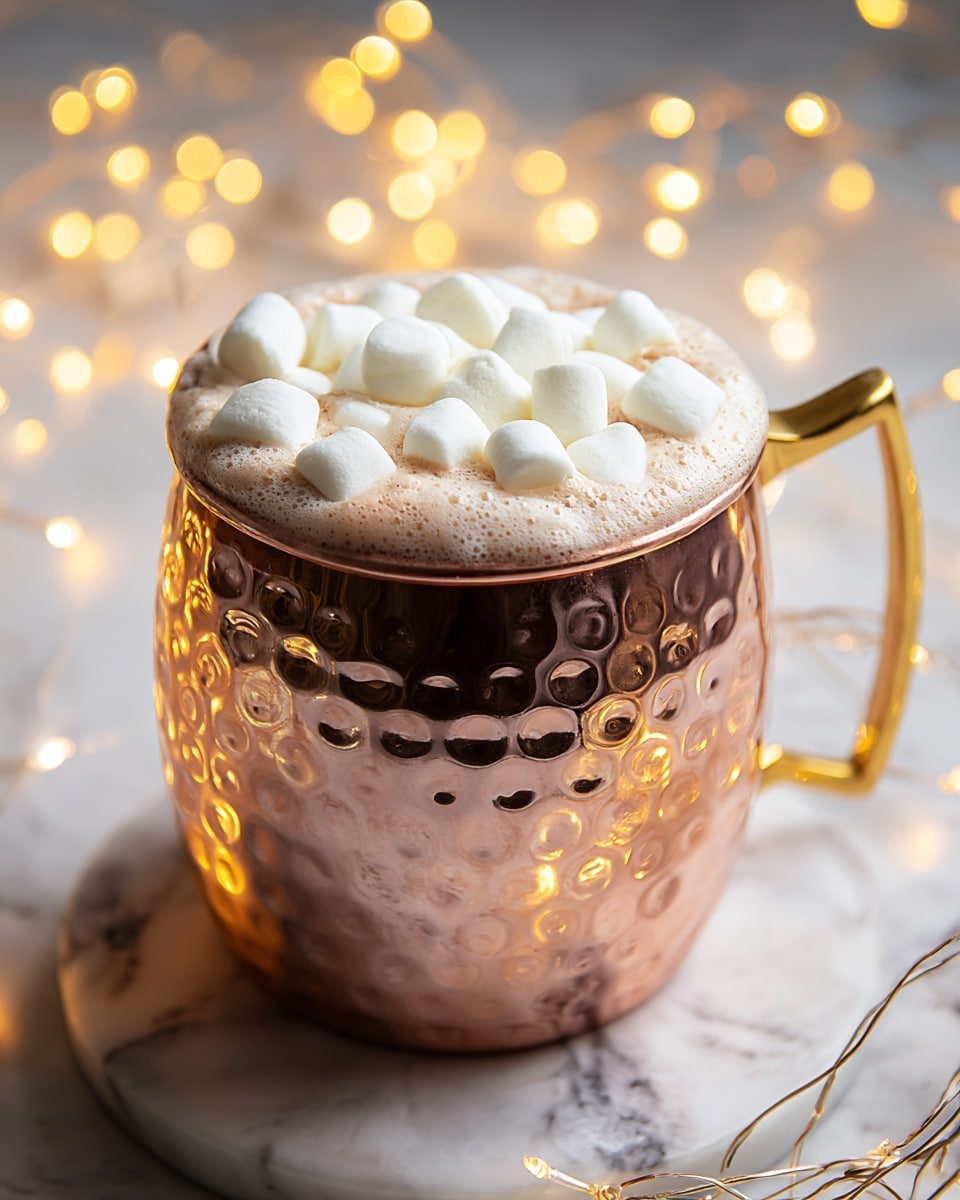 A shiny hammered copper mug with a gold handle is filled to the brim with frothed creamy hot chocolate. The top layer is covered with soft, white mini marshmallows, slightly uneven and plush, sitting on a light brown foam layer beneath. The mug rests on a white marbled surface with warm yellow fairy lights softly glowing around it, creating a cozy atmosphere. photo taken with an iphone --ar 4:5 --v 7