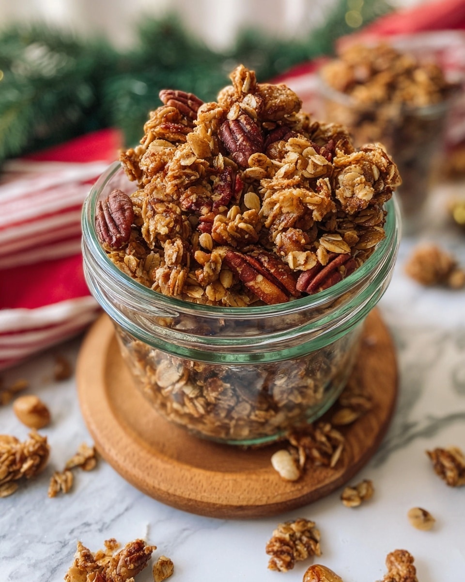 The image shows a clear glass jar filled with chunky granola spilling slightly over the top. The granola is a mix of golden brown rolled oats, darker toasted nuts such as pecans, and small clusters that add a rough texture. The jar sits on a round wooden coaster, contrasting with the white marbled surface underneath. Scattered granola pieces lie around the jar, while the background is softly blurred but hints at festive greenery and a red-and-white striped cloth. Photo taken with an iphone --ar 4:5 --v 7