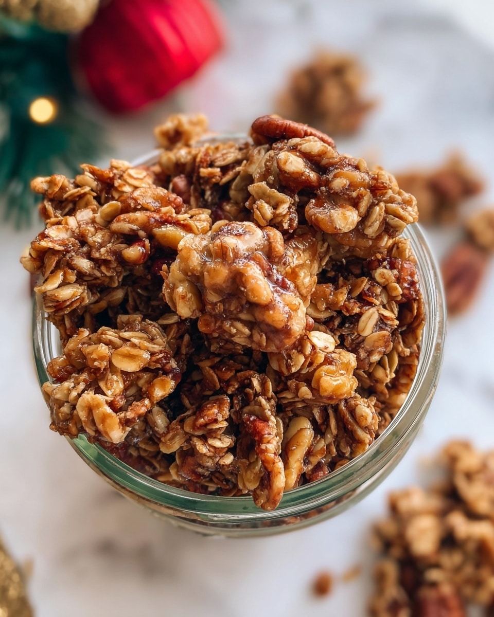 A close-up view of a glass jar filled with chunky homemade granola, showing several clusters made up of toasted oats, nuts like walnuts and pecans, and a sticky, glossy coating that holds the pieces together, colors ranging from light tan to deep brown. The jar sits on a white marbled surface with soft, festive blurred decorations in the background, giving a warm and cozy feeling. photo taken with an iphone --ar 4:5 --v 7