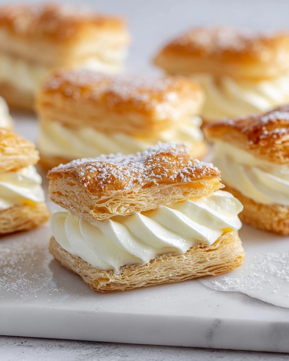 The image shows several square cream puff pastries arranged on a white marbled surface. Each pastry has three main layers: the top and bottom layers are golden brown, flaky puff pastry with a slightly shiny texture and visible sugar crystals on top, while the middle layer is thick, smooth, piped white cream with soft, wavy ridges. The cream is neatly sandwiched between the puff pastry layers, creating a clear contrast between the fluffy white filling and the crisp golden pastry. The focus is mainly on the front pastry, with others slightly blurred in the background, highlighting the texture and layers. photo taken with an iphone --ar 4:5 --v 7
