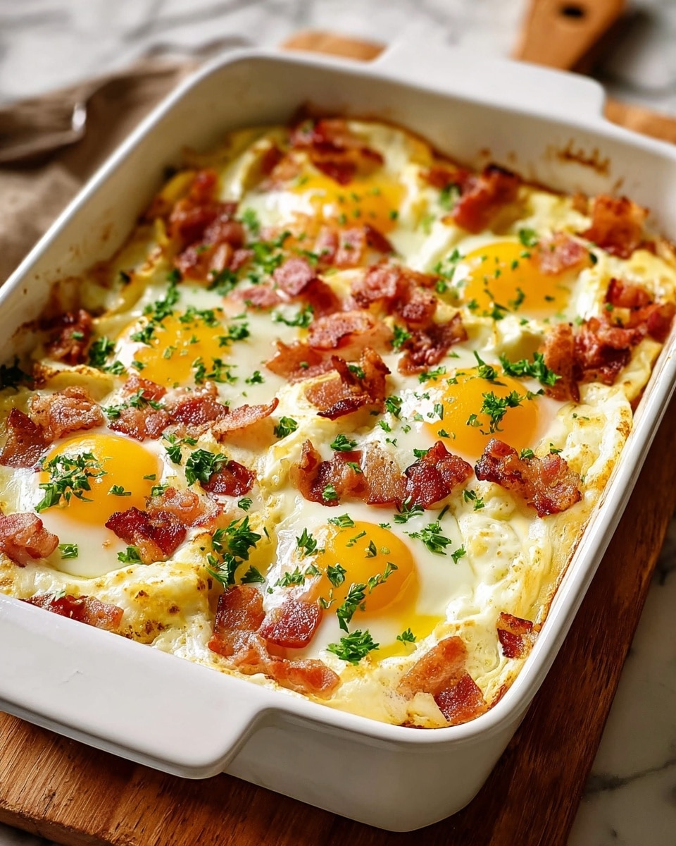 A white square baking dish filled with eight baked egg nests, each egg sunny-side up with bright yellow yolks and fluffy white edges. The eggs are topped with crispy reddish-brown bacon pieces scattered over melting golden cheese, with bits of finely chopped green parsley sprinkled across the dish. The edge of the dish shows slightly browned, creamy baked egg whites. The dish sits on a wooden board with a white marbled surface in the background. photo taken with an iphone --ar 4:5 --v 7