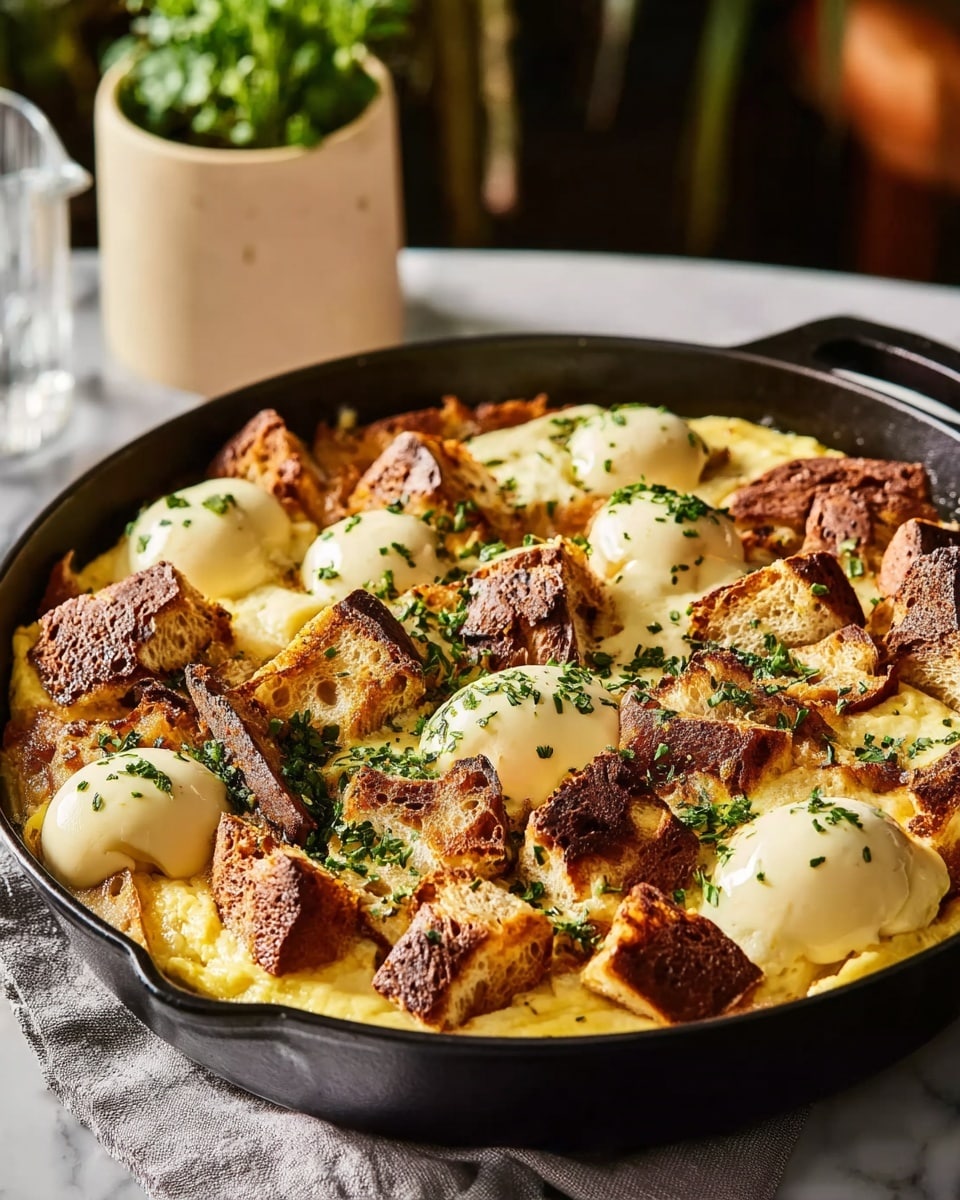 The image shows a black cast iron skillet filled with a layered bread pudding dish. The base layer is a creamy golden custard, topped with irregular pieces of toasted bread with a dark brown crust. Scattered on top are smooth, round dollops of a light yellow cream, sprinkled with fresh green herbs. The skillet is placed on a white marbled surface beside a soft gray cloth. In the background, there's a blurred beige pot with green plants. The warm natural light highlights the dish's rich texture and color. Photo taken with an iphone --ar 4:5 --v 7