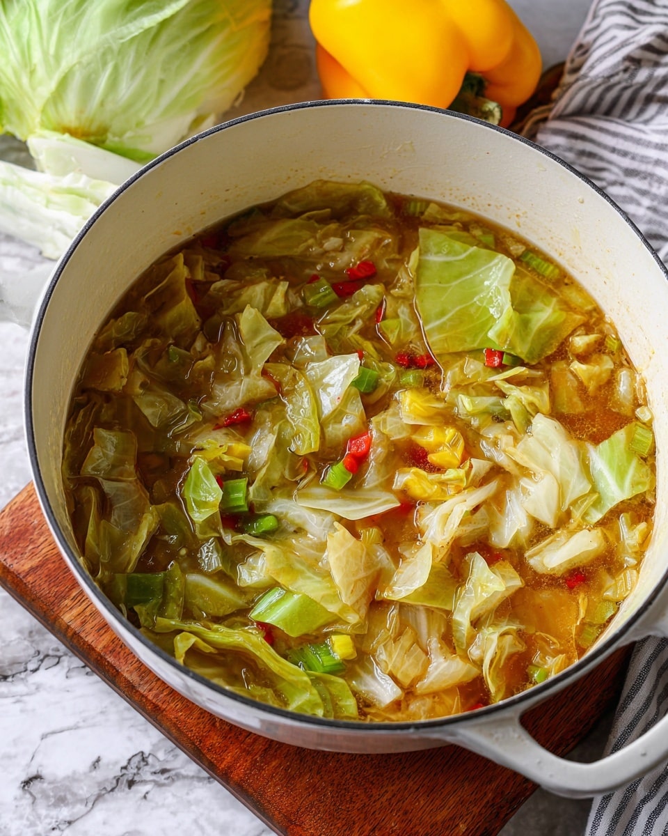 A white pot filled with cooked cabbage soup sits on a wooden board over a white marbled surface. Inside the pot, there are multiple layers of vegetables: large pale green cabbage leaves cut into pieces forming the main layer, mixed with chunks of green celery, small red pepper bits, and yellow bell pepper pieces, all submerged in a light brown broth. The textures range from soft cabbage to slightly firm vegetables, creating a colorful, hearty appearance. In the background, there is a yellow bell pepper and a head of cabbage on a white marbled surface with a striped cloth underneath. Photo taken with an iphone --ar 4:5 --v 7