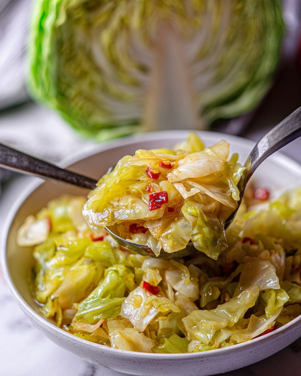 A close-up image showing a ladle lifting cooked cabbage from a white bowl filled with soft, pale green and yellow cabbage pieces mixed with small bits of red pepper. The cabbage looks tender and glossy with a slightly oily texture, and the bowl is placed on a white marbled surface. In the background, a quarter of a fresh cabbage with green outer leaves and white ribs is slightly out of focus. Photo taken with an iphone --ar 4:5 --v 7