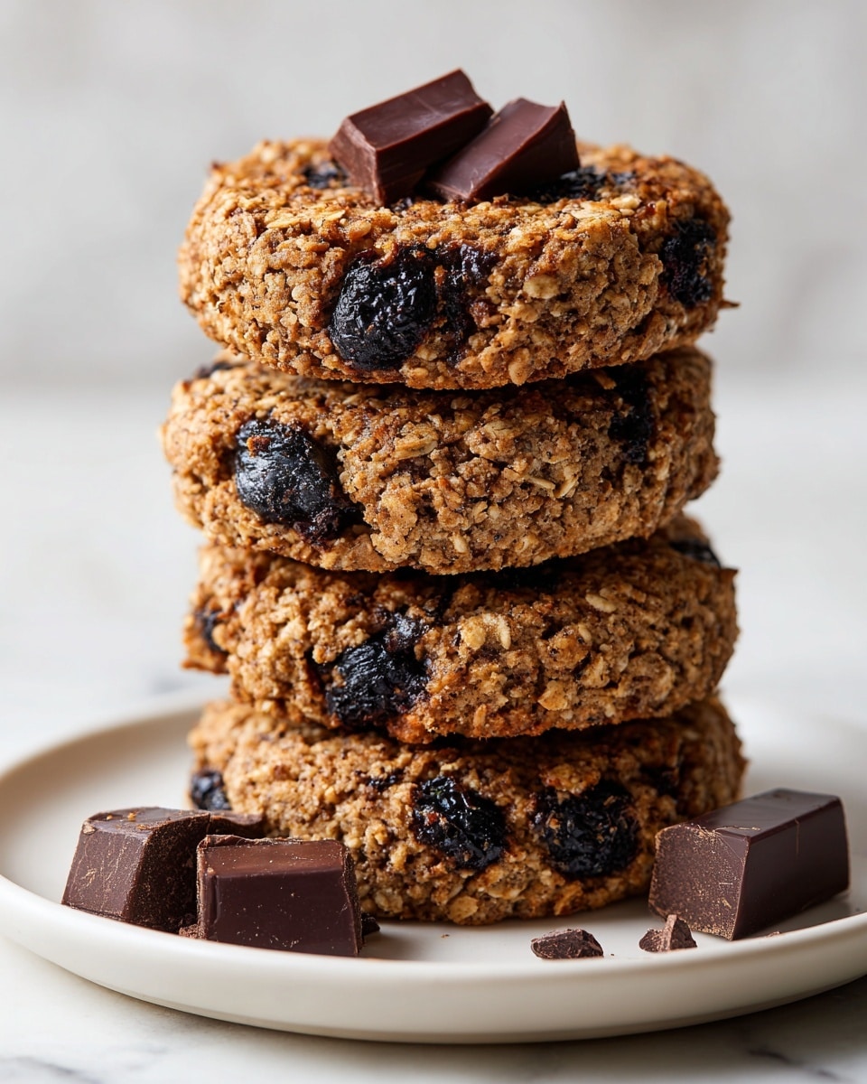 A stack of four thick, round oatmeal cookies with visible oats and dark blueberries embedded throughout each cookie, showing a rough, crumbly texture. The top cookie has a small piece of dark chocolate placed on it, and around the base of the stack, there are a few more small chunks of dark chocolate. All the cookies and chocolate pieces sit on a simple white plate, which is placed on a white marbled surface. photo taken with an iphone --ar 4:5 --v 7
