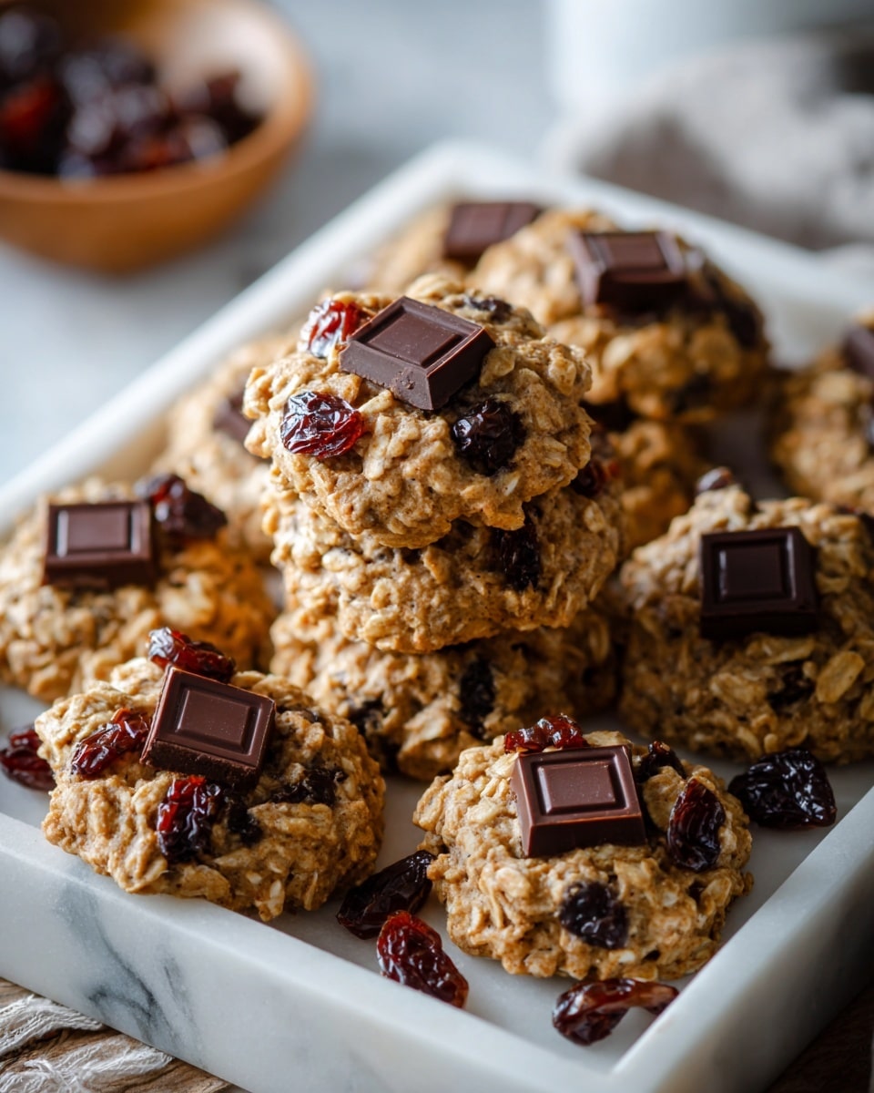 The image shows a white tray filled with soft oatmeal cookies topped with raisins and small pieces of dark chocolate. The cookies have a rough texture from the oats, with one cookie stack in the center showing two layers of cookies. Each cookie is light brown with oats visible on the surface, raisins darker and shiny, scattered throughout. The dark chocolate pieces sit on top of every cookie, square and glossy, adding contrast. The tray rests on a white marbled surface, with a blurred background that includes a wooden item on the left. photo taken with an iphone --ar 4:5 --v 7