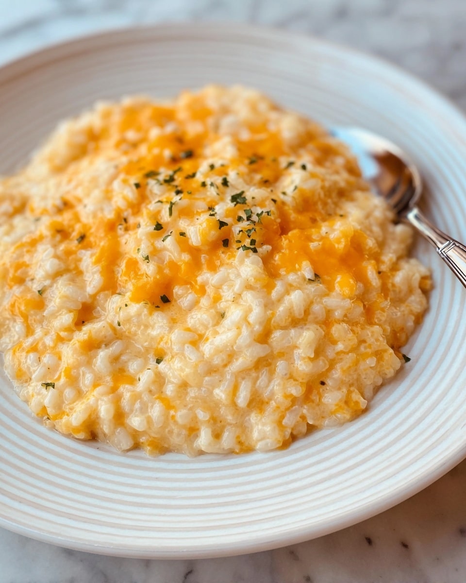 The dish shows a single layer of creamy, soft rice mixed with melted orange cheddar cheese, creating a smooth and slightly chunky texture. The rice is pale yellow with some bright orange spots from the cheddar, dotted lightly with green herbs on top. It sits in a white plate with thin ridges on the edge and a small part of a silver spoon is visible on the right side of the plate. The background is a white marbled texture. Photo taken with an iphone --ar 4:5 --v 7
