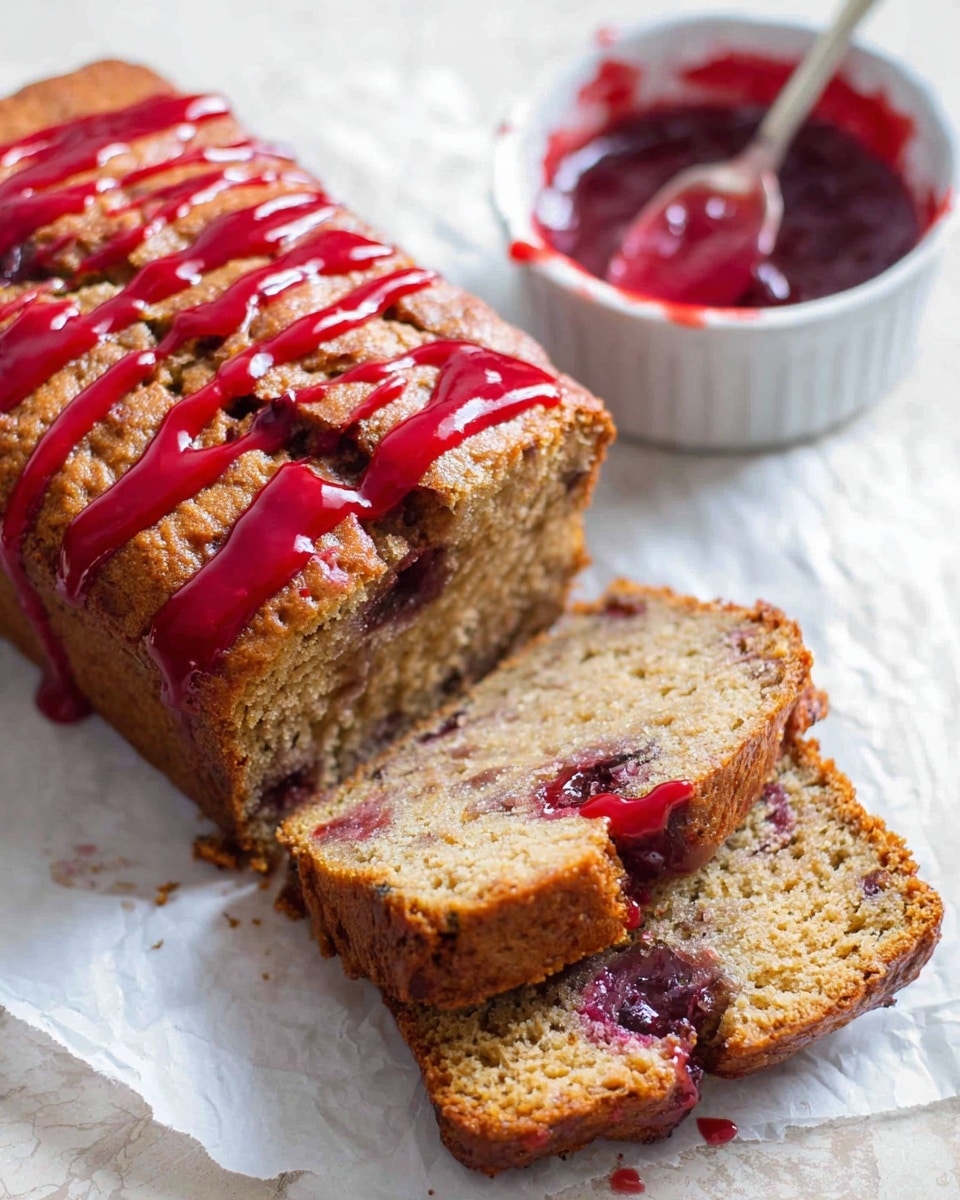 A loaf of golden brown bread with a soft dense texture is cut into two thick slices, showing darker swirls inside that look like fruit or jam pieces. The top of the loaf is drizzled with bright red glossy sauce in a diagonal pattern. Next to the bread is a white bowl with some remaining red sauce and a spoon inside it. All items are placed on white parchment paper over a white marbled surface. Photo taken with an iphone --ar 4:5 --v 7