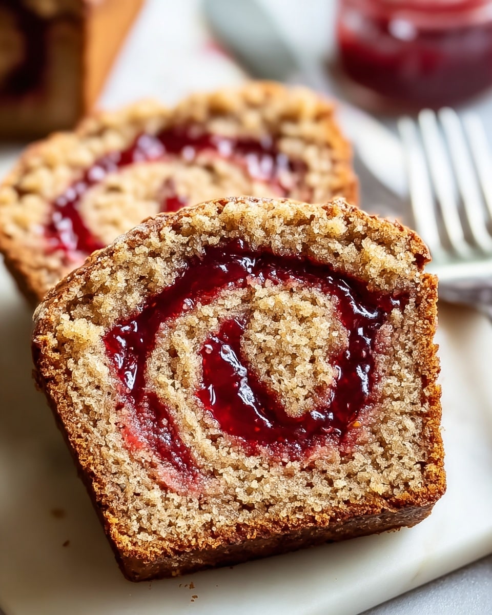 Two close-up slices of moist, light brown bread with a crumbly texture and swirled with bright red jam in the center, creating a spiral pattern inside each slice. The jam looks glossy and slightly sticky, contrasting with the soft bread. The edge of the bread slice is darker and slightly crisp, while the inside is softer and porous. In the background, there is a white marbled surface and a white plate with a blurred fork on the right. A small red jar is slightly visible on the left side. photo taken with an iphone --ar 4:5 --v 7
