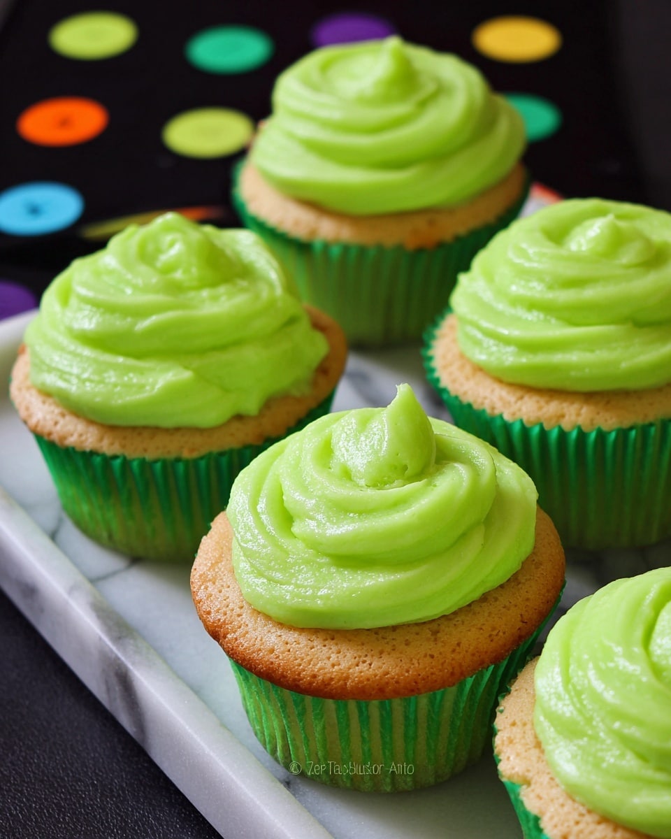 Four cupcakes are lined up diagonally, each with a light golden-brown base and green paper liners. On top of each cupcake, there is a thick, swirled layer of smooth, bright green frosting with a shiny texture. The cupcakes sit on a white marbled surface tray, and part of a black item with colorful, round spots is visible in the background. photo taken with an iphone --ar 4:5 --v 7