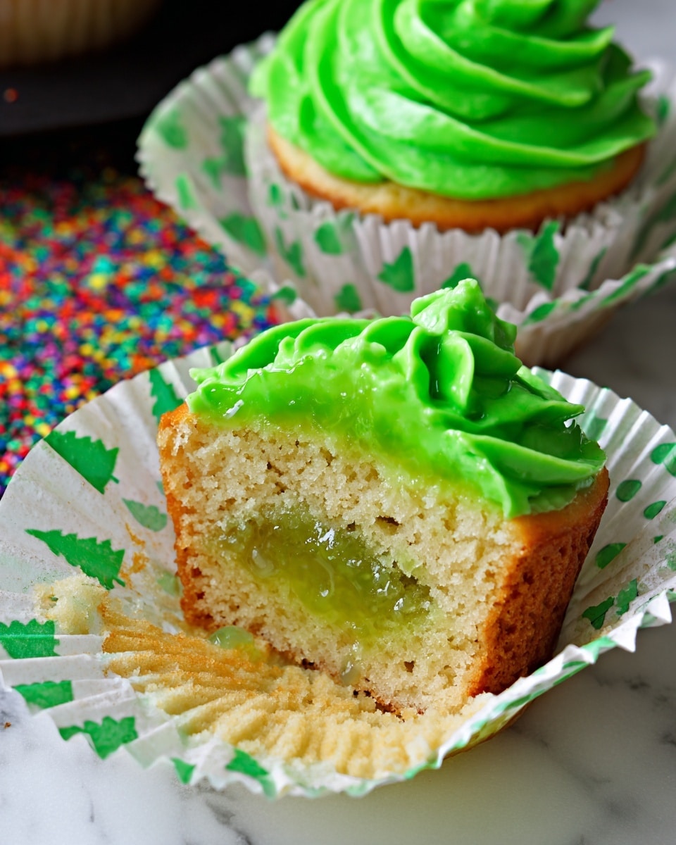 The image shows a cupcake cut in half, revealing three layers: the bottom layer is a light golden-brown soft cake; the middle layer is a glossy bright green jelly filling; and the top layer is a thick, smooth green frosting with pointed swirls covering the cupcake. The cupcake is wrapped in a white paper liner with a green tree pattern and sits on a white marbled surface with a colorful confetti pattern. In the background, a second full cupcake wrapped in the same liner is partially visible. photo taken with an iphone --ar 4:5 --v 7