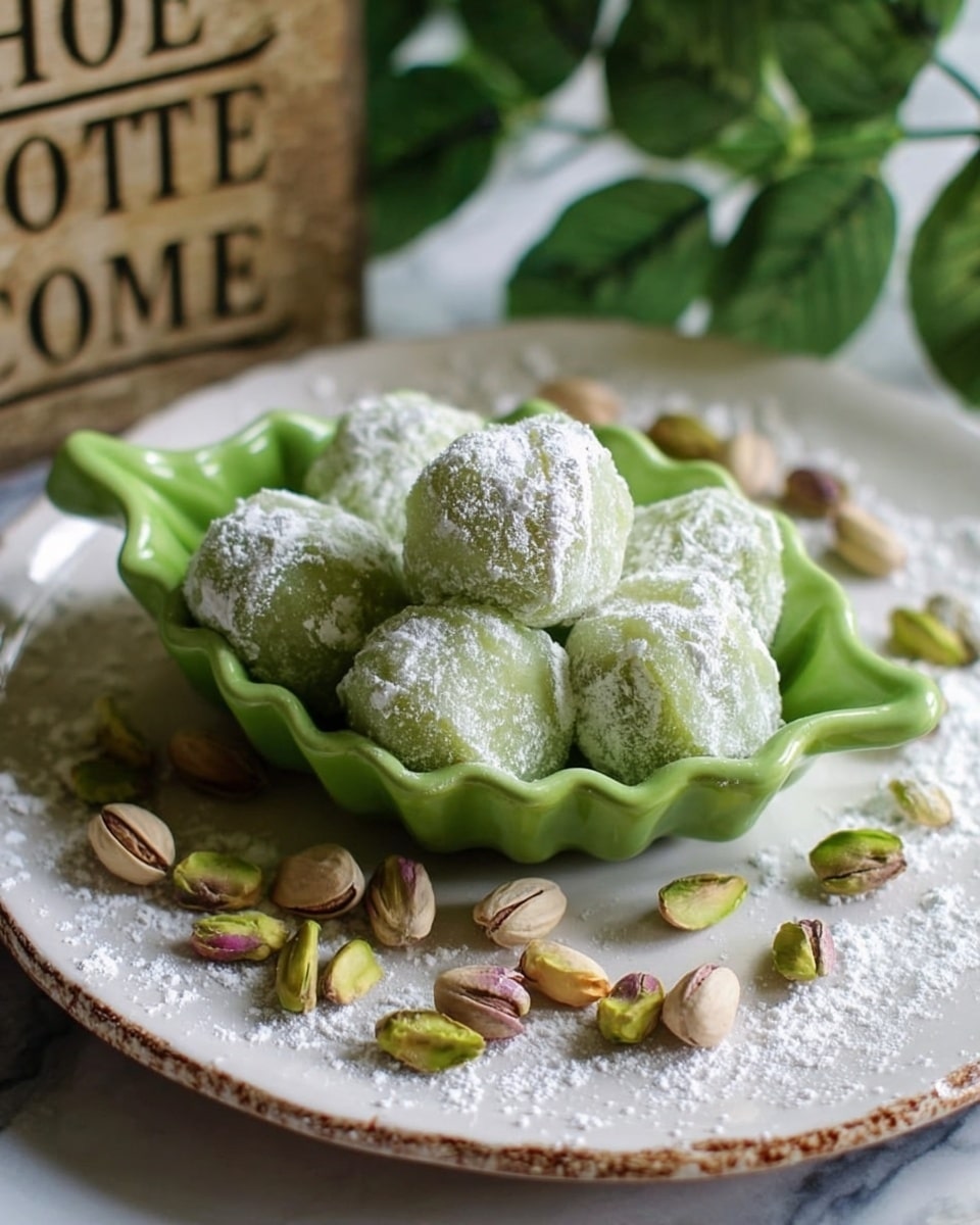A small green dish shaped like a leaf holds seven pieces of light green round sweets, each coated generously with white powdered sugar, giving them a soft, powdery texture. The dish sits on a large white plate with a rough, earthy texture, scattered with whole and split pistachio nuts around the green dish. The background shows blurred green leaves and a partially visible sign with decorative lettering. The entire setting is on a white marbled surface. Photo taken with an iphone --ar 4:5 --v 7