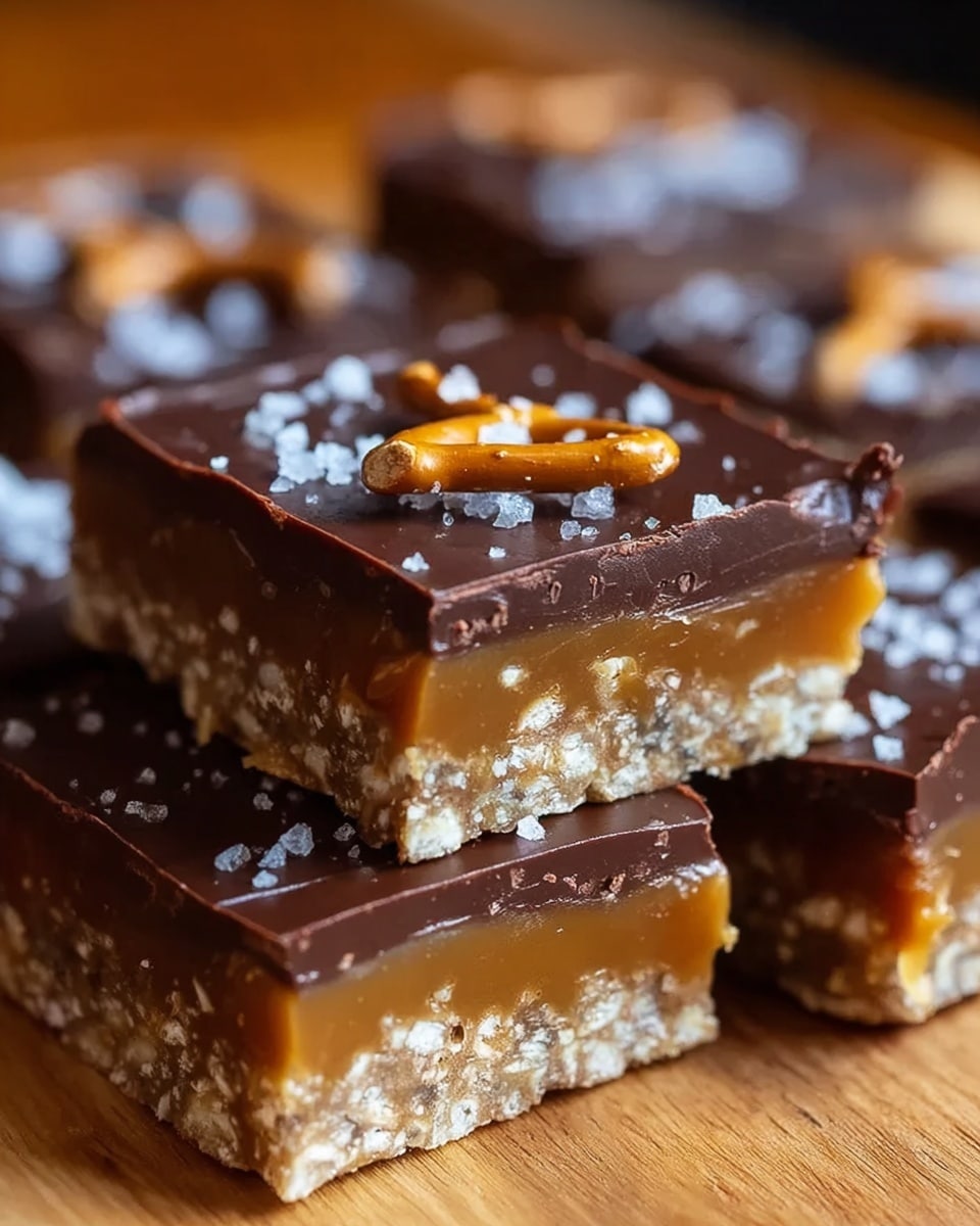 The image shows close-up pieces of a three-layer bar dessert. The bottom layer is a light beige crunchy base with puffed grains or cereal visible. The middle layer is thick and smooth caramel, bright golden brown and glossy. The top layer is a thick dark brown chocolate coating, slightly uneven with a creamy texture. On top of the chocolate layer, there are small coarse salt crystals scattered along with a few pieces of broken pretzel for decoration. The bars are placed on a wooden surface with soft lighting highlighting the textures clearly. photo taken with an iphone --ar 4:5 --v 7