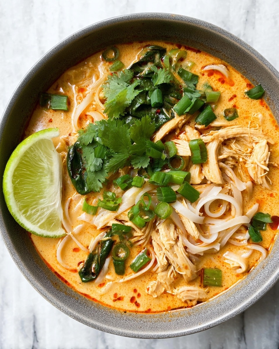 A gray bowl filled with a creamy orange soup base that has visible red oil on the surface, containing white flat noodles and shredded light beige chicken pieces. The soup is garnished with fresh green cilantro leaves, chopped green onions, and a single fresh spinach leaf in the center. A lime wedge with light green flesh is placed on the left side of the bowl. The bowl sits on a white marbled texture surface. photo taken with an iphone --ar 4:5 --v 7