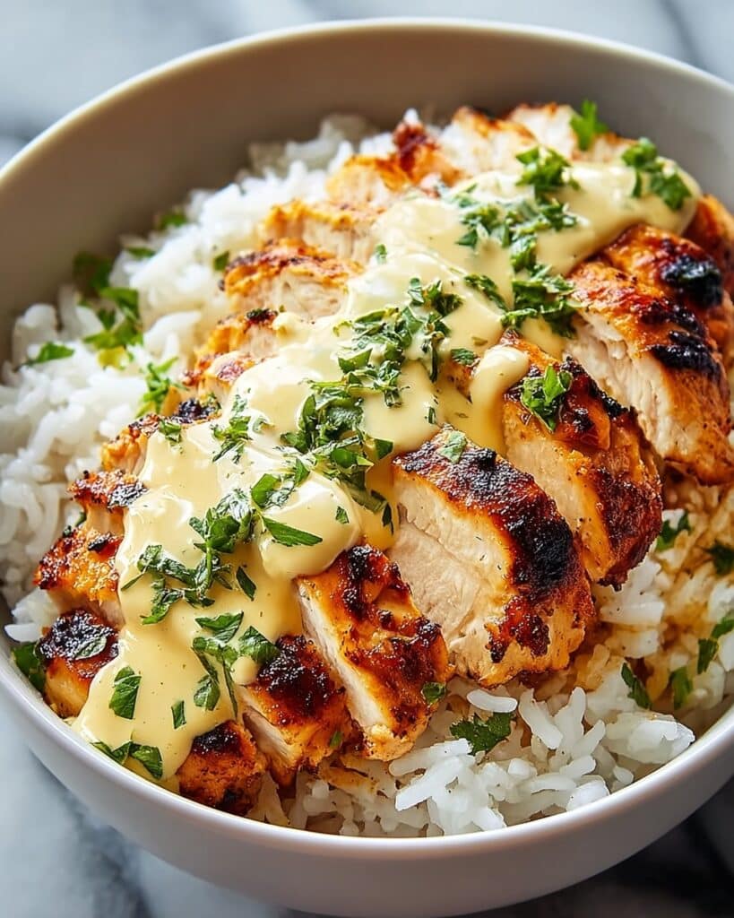 Chicken & Rice Bowls with Creamy Garlic Sauce Recipe