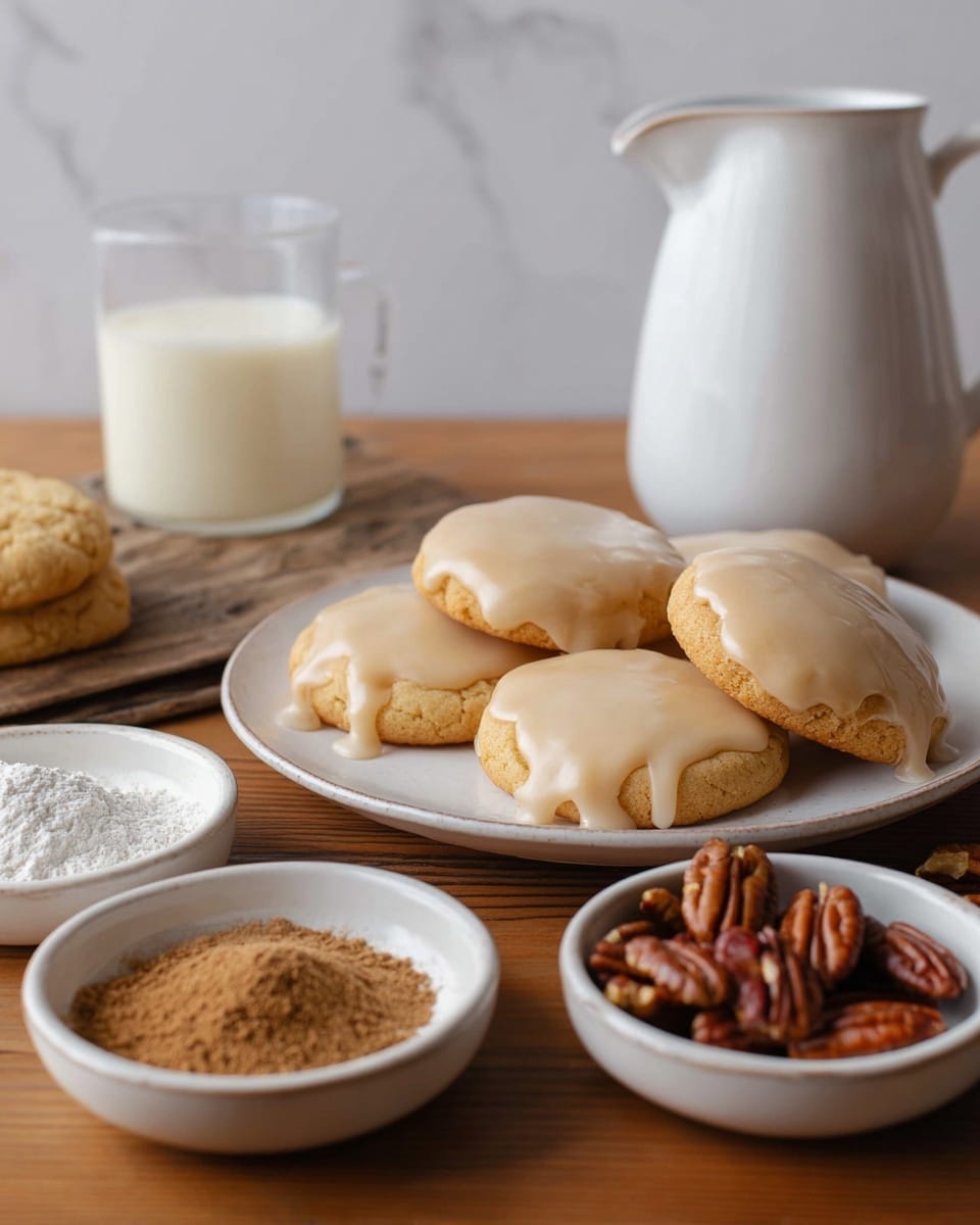 The image shows a close-up view of four round cookies on a white plate, each cookie topped with a smooth, light tan glaze that drips slightly over the edges, creating a shiny, creamy surface. The cookies are light golden brown with a soft texture visible below the glaze. Next to the plate, there are three small white bowls; one bowl holds a small mound of brown powder, another contains white powder, and the third has pecan halves with a rich brown color and natural texture. In the background, there is a white ceramic pitcher filled with milk, all placed on a wooden table with a white marbled textured surface behind it. photo taken with an iphone --ar 4:5 --v 7