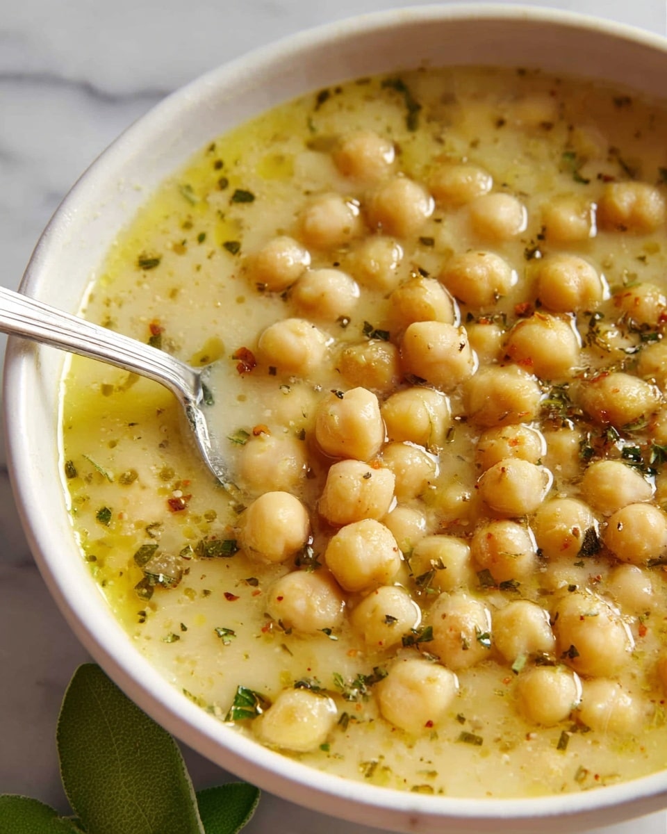 The image shows a close-up of a white bowl filled with a creamy chickpea soup. The dish contains whole, soft chickpeas floating in a thick, pale yellow broth with a slightly oily surface, dotted with herbs and spices. A metal spoon is dipped into the soup near the bowl’s edge. The bowl is placed on a white marbled surface with some green leaves partly visible in the corner. Photo taken with an iphone --ar 4:5 --v 7