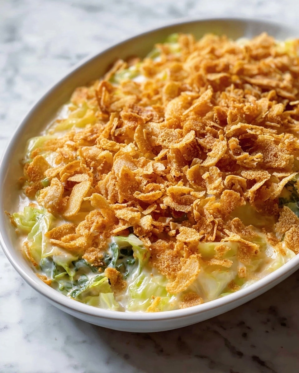 A white plate sits on a white marbled surface holding a warm casserole dish with two main layers, topped with crushed, golden brown crispy pieces. The bottom layer is made up of soft cooked light green cabbage leaves, slightly translucent and mixed together. The cabbage is covered by a creamy, smooth, pale yellow sauce that adds a moist look. On top sits a thick, uneven layer of crunchy, toasted golden brown breadcrumbs or chips that create a textured and crispy finish. The photo taken with an iphone --ar 4:5 --v 7