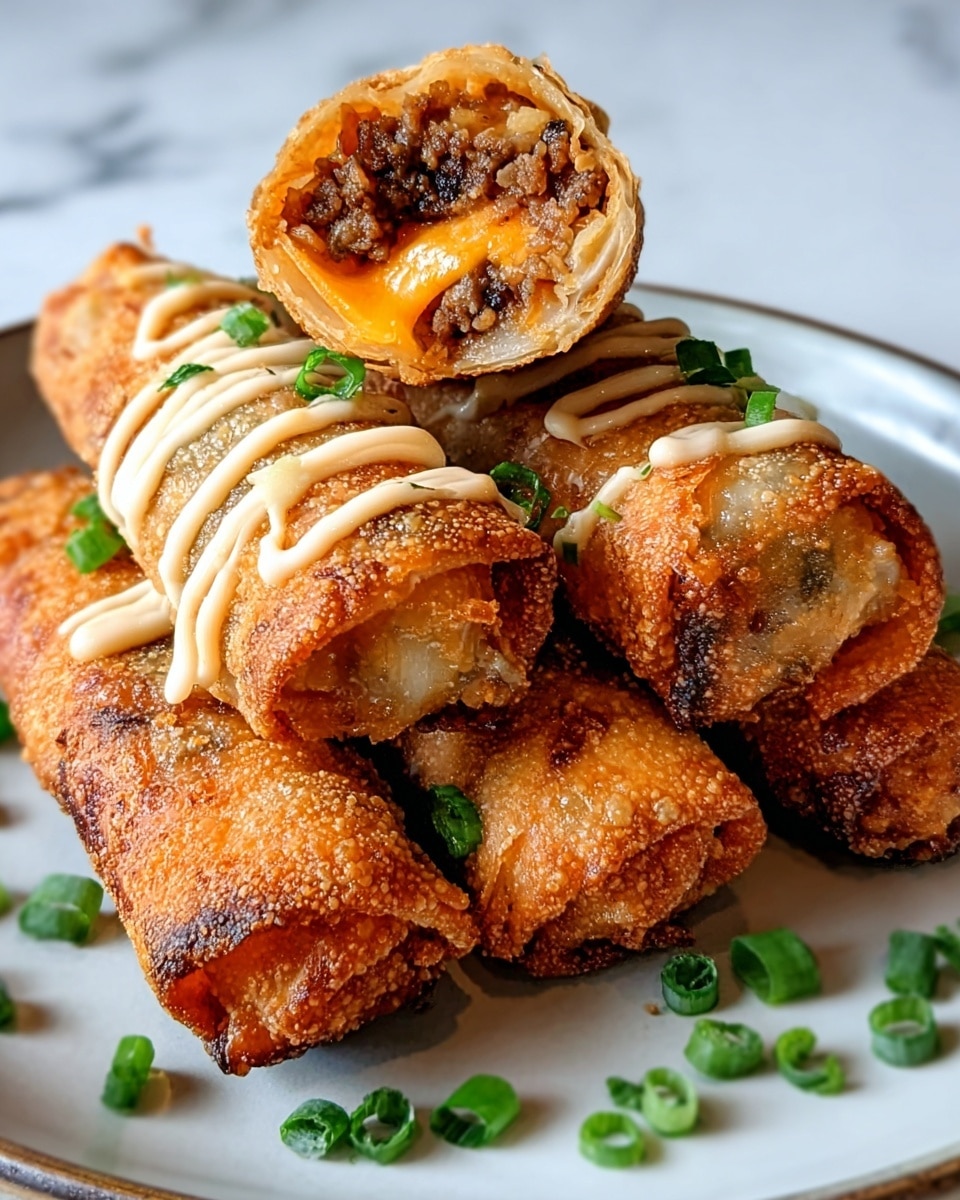 The image shows a close-up of four crispy golden-brown spring rolls placed on a white plate against a white marbled surface. Two spring rolls are fully visible at the front, showing a crunchy texture with a mix of orange and dark brown filling inside that seems to include minced meat and sweet potato or a similar ingredient. One spring roll is cut in half and positioned on top, revealing layers of the filling and melted cheese, adding a creamy, slightly shiny texture inside. The rolls have a light drizzle of creamy sauce in thin lines across the top, along with finely chopped green onions scattered over and around them for color contrast. Photo taken with an iphone --ar 4:5 --v 7