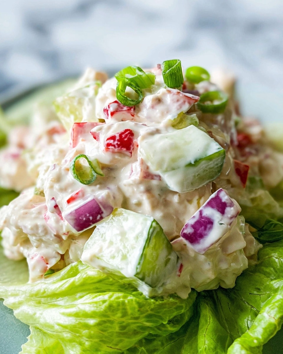 This image shows a close-up of a creamy salad with several layers visible: a base layer of light green cucumber chunks with smooth, slightly translucent skin; mixed in are small pieces of red onion with purple and white colors and a slightly crunchy texture; there are diced red bell pepper pieces adding bright red color; all ingredients are coated with a thick, white creamy dressing that has a slightly glossy texture; garnished on top are green chopped scallions, adding a fresh touch; the salad sits on a bed of leafy green lettuce with a crinkly texture; the background is a white marbled surface. photo taken with an iphone --ar 4:5 --v 7