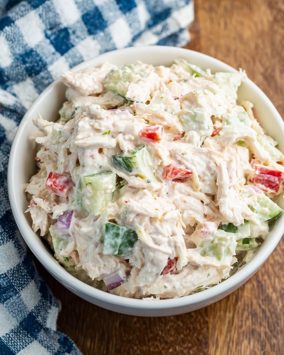 A white bowl filled with a creamy salad made of three main layers: the base layer has shredded white chicken, mixed with a thick white mayonnaise-like dressing; scattered throughout are small diced pieces of green cucumber, red bell pepper, and bits of purple onion, giving pops of color. The texture looks soft and chunky with a light shine on the dressing. The bowl is placed on a wooden surface next to a blue and white checked cloth. photo taken with an iphone --ar 4:5 --v 7